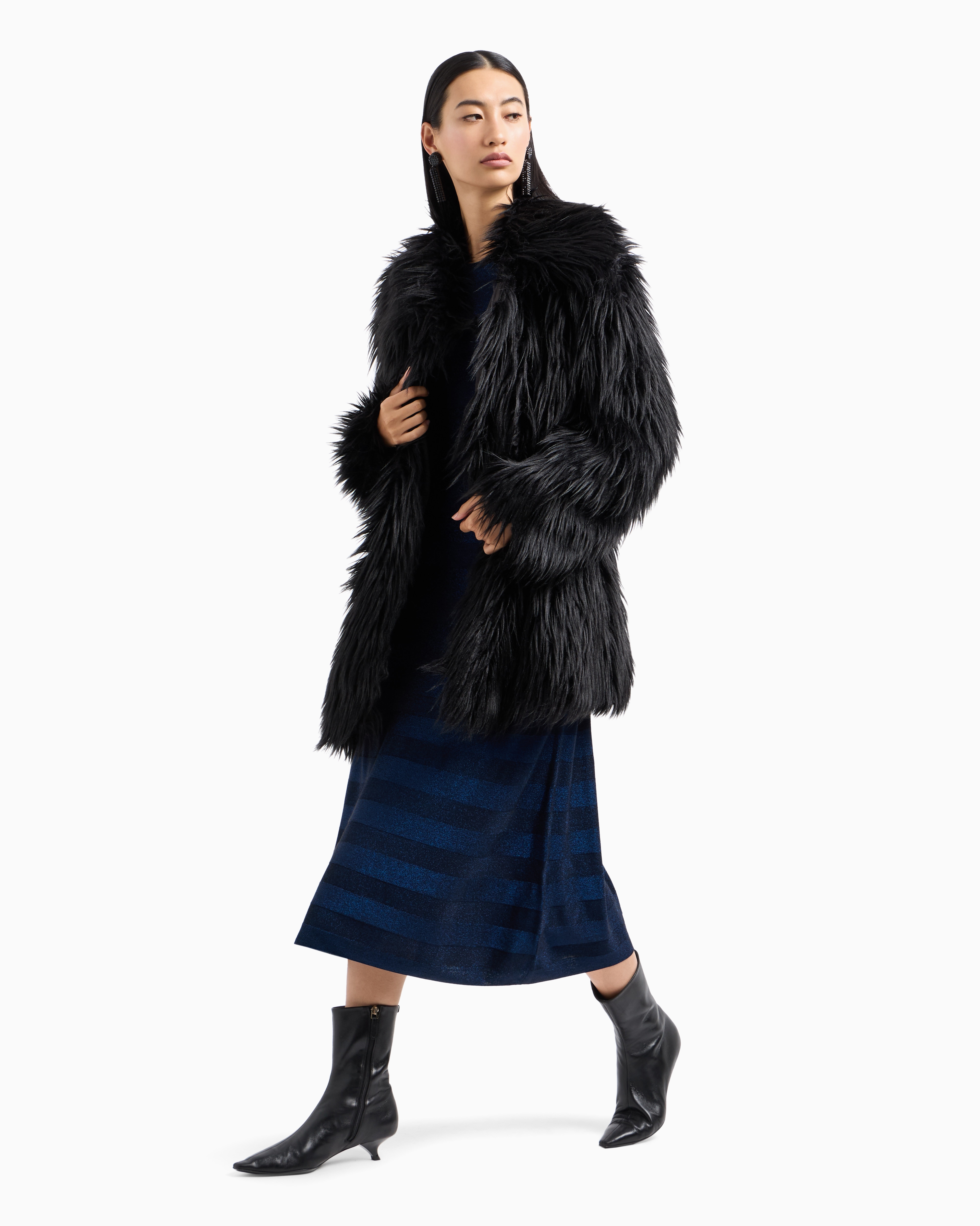 Emporio Armani Official Store Seamless Long Dress In A Viscose Knit Striped-effect Knit And Purl Construction In Blue