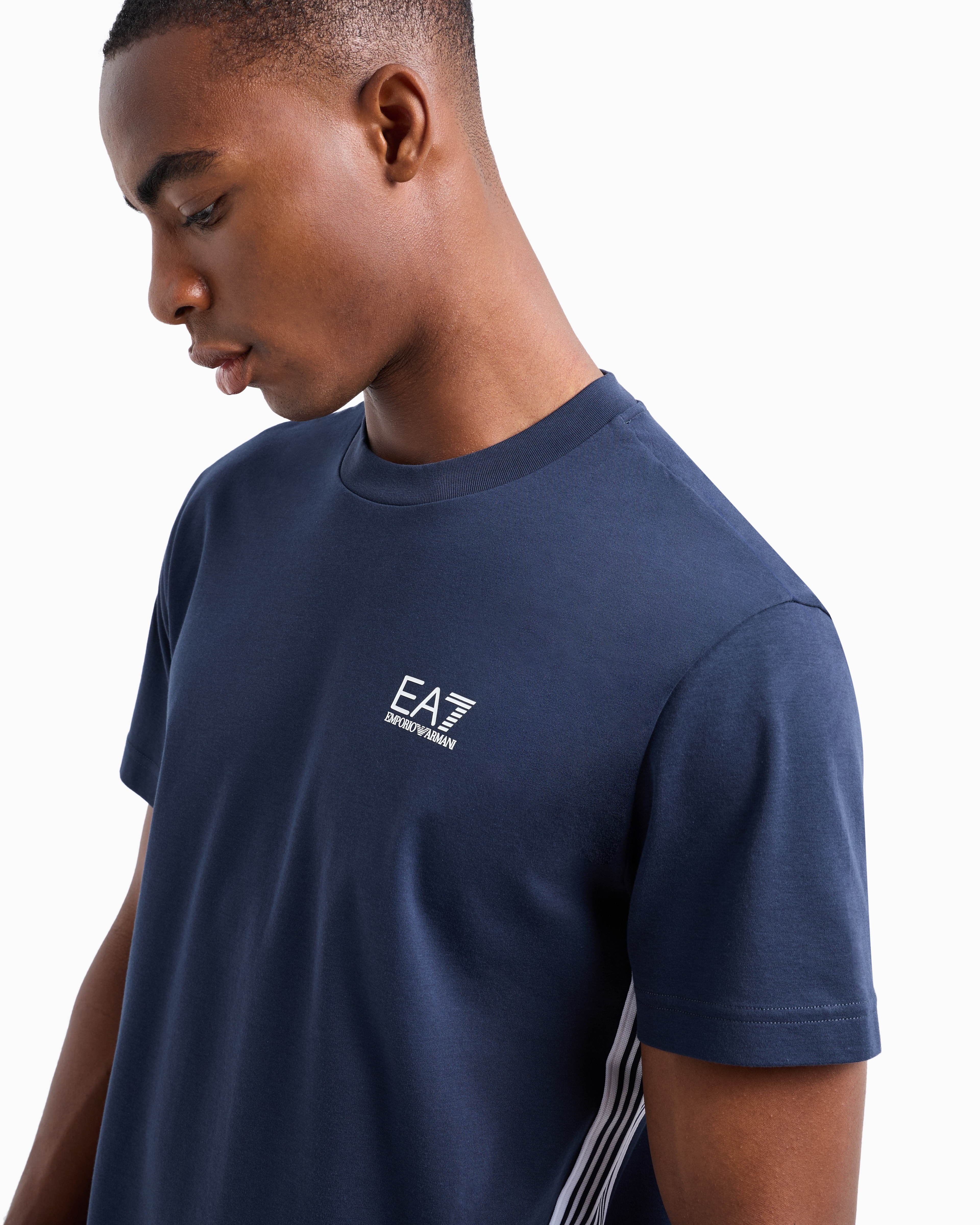 Shop Ea7 7 Lines Cotton Crew-neck T-shirt In Navy Blue