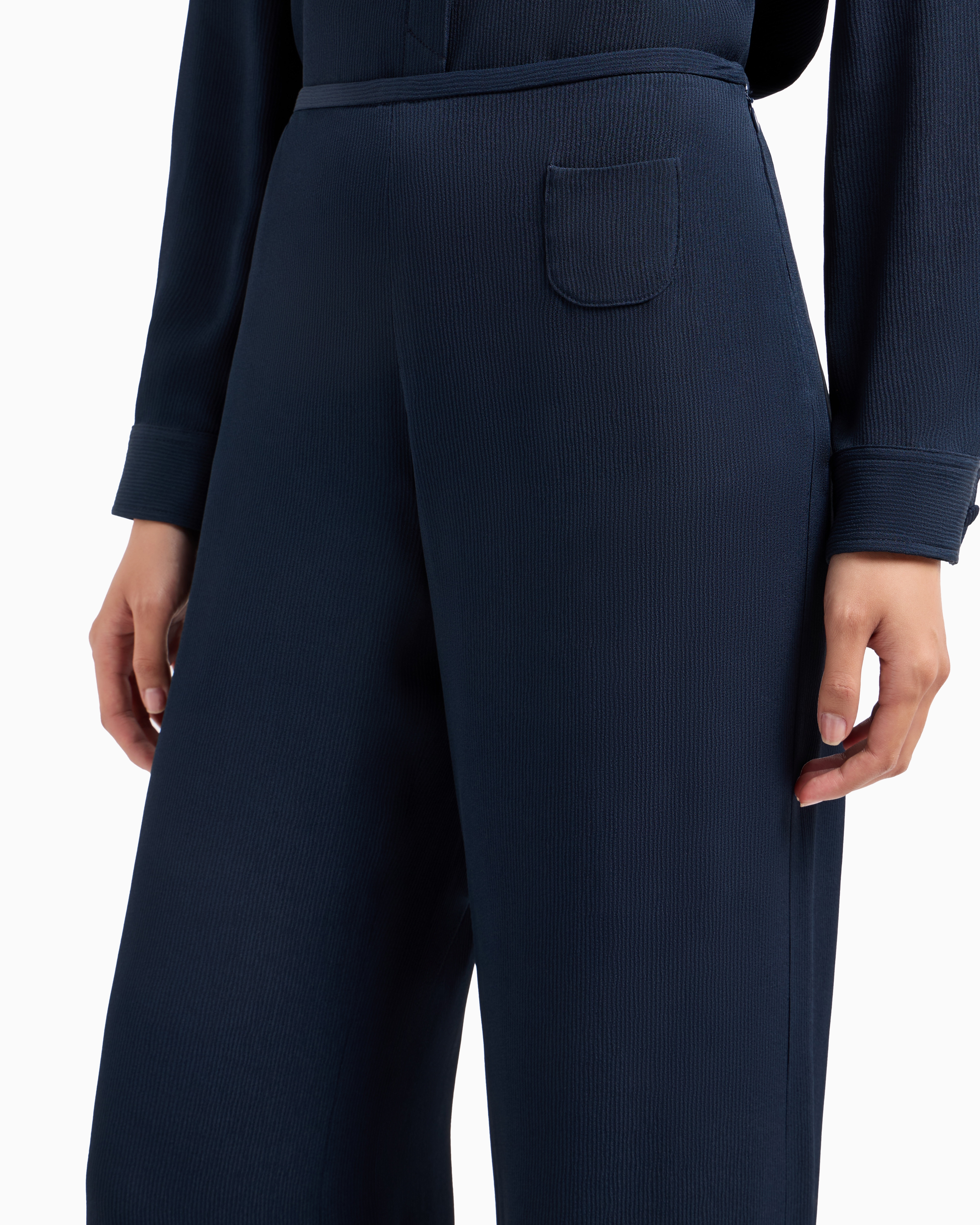 Shop Emporio Armani Icon Canneté Cady Palazzo Trousers With Small Pocket In Navy Blue