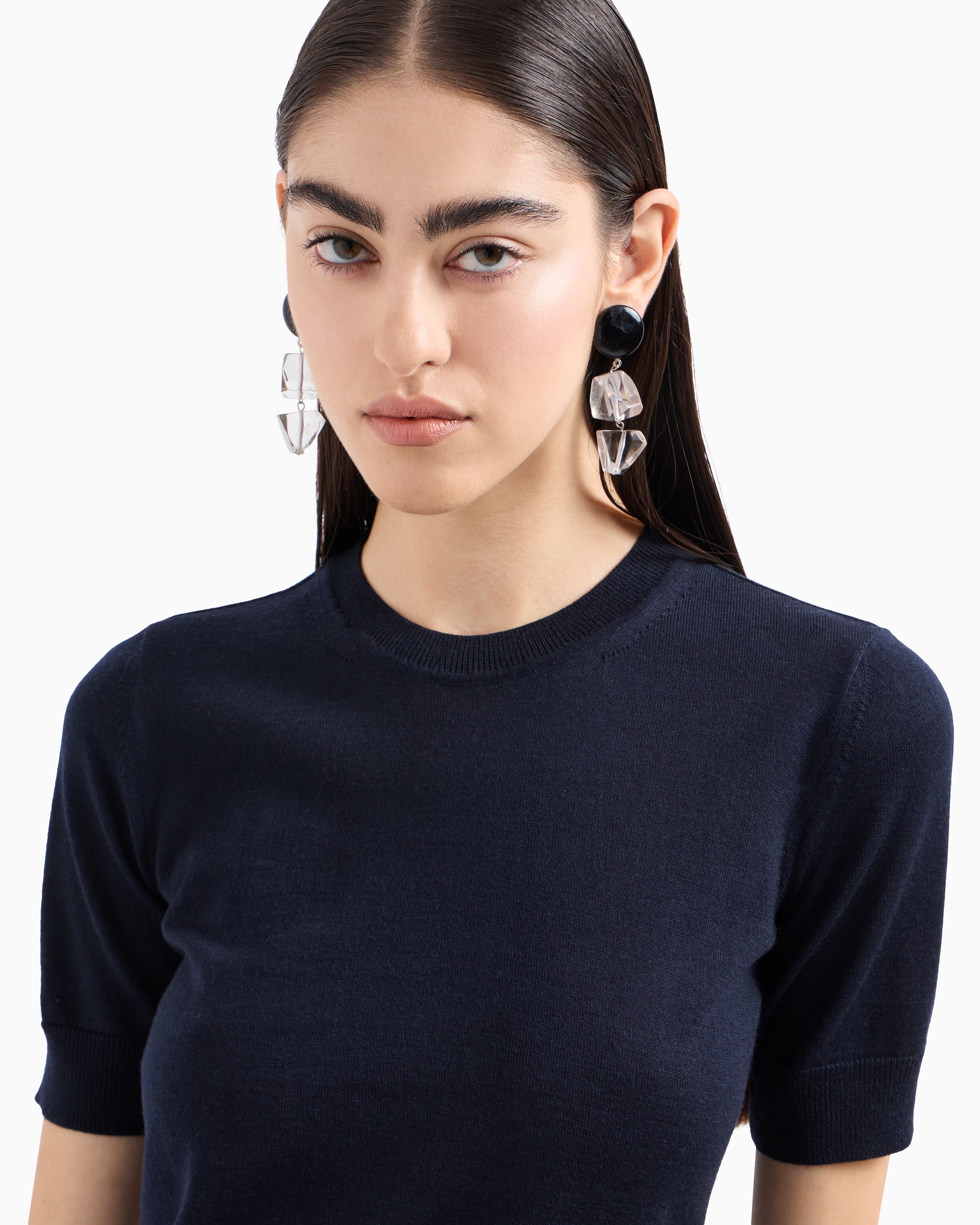 Shop Emporio Armani Short-sleeved Jumper In Plain-knit Pure Virgin Wool In Navy Blue