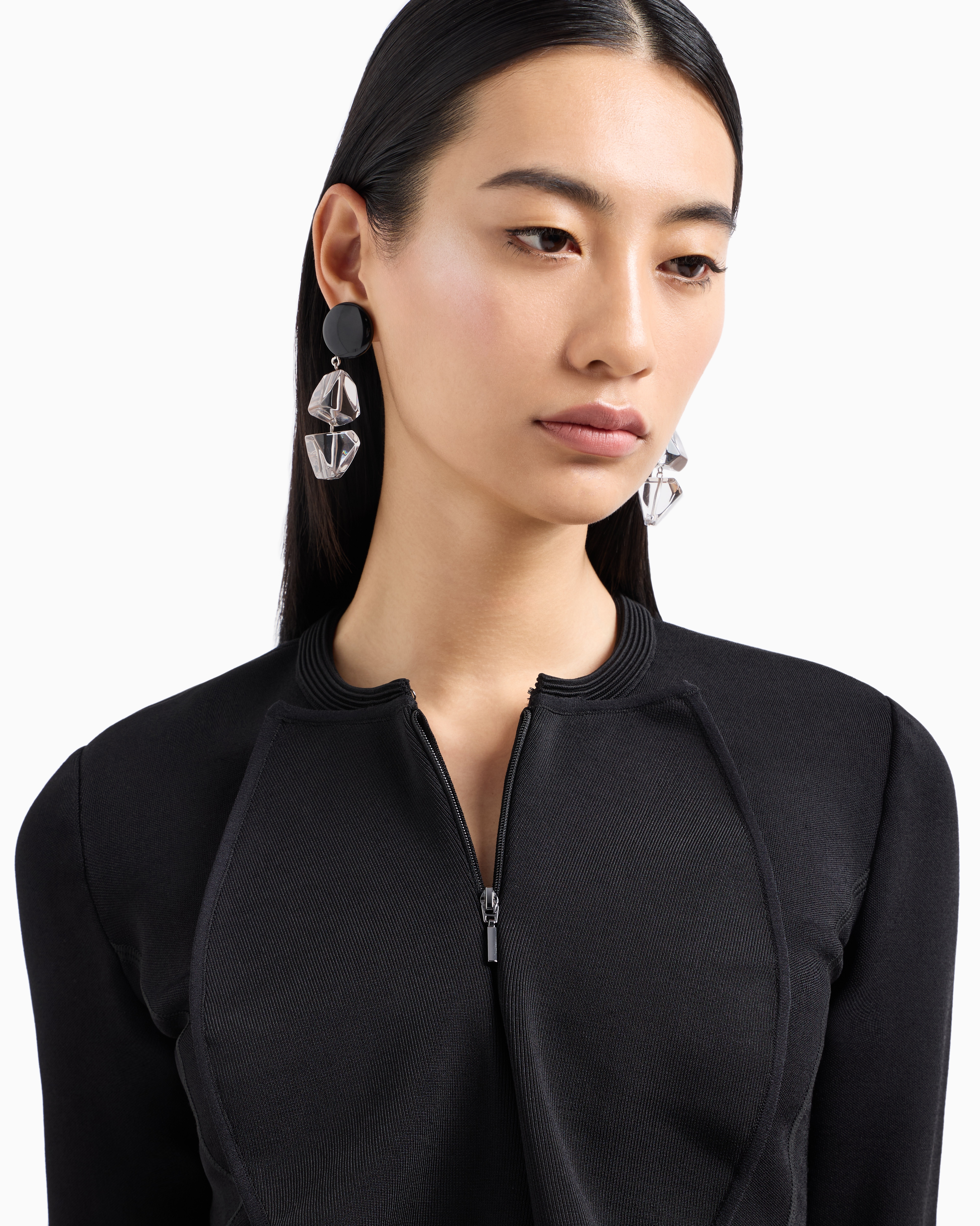 【美品】EMPORIO ARMANIジップジャケット Zipped jacket with ruffles in Milano-stitch fabric | Emporio Armani