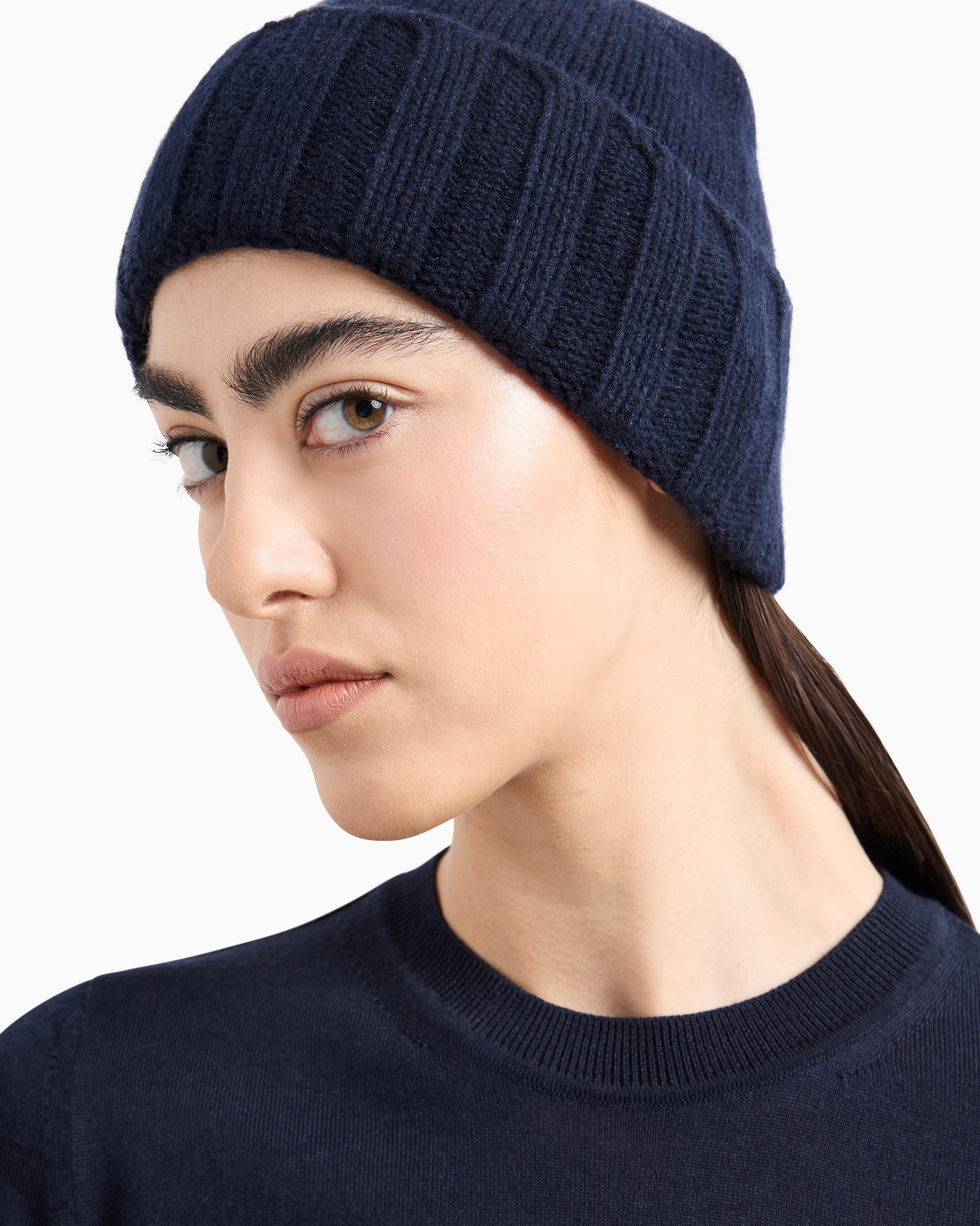 Shop Emporio Armani Ribbed Cashmere Beanie In Navy Blue