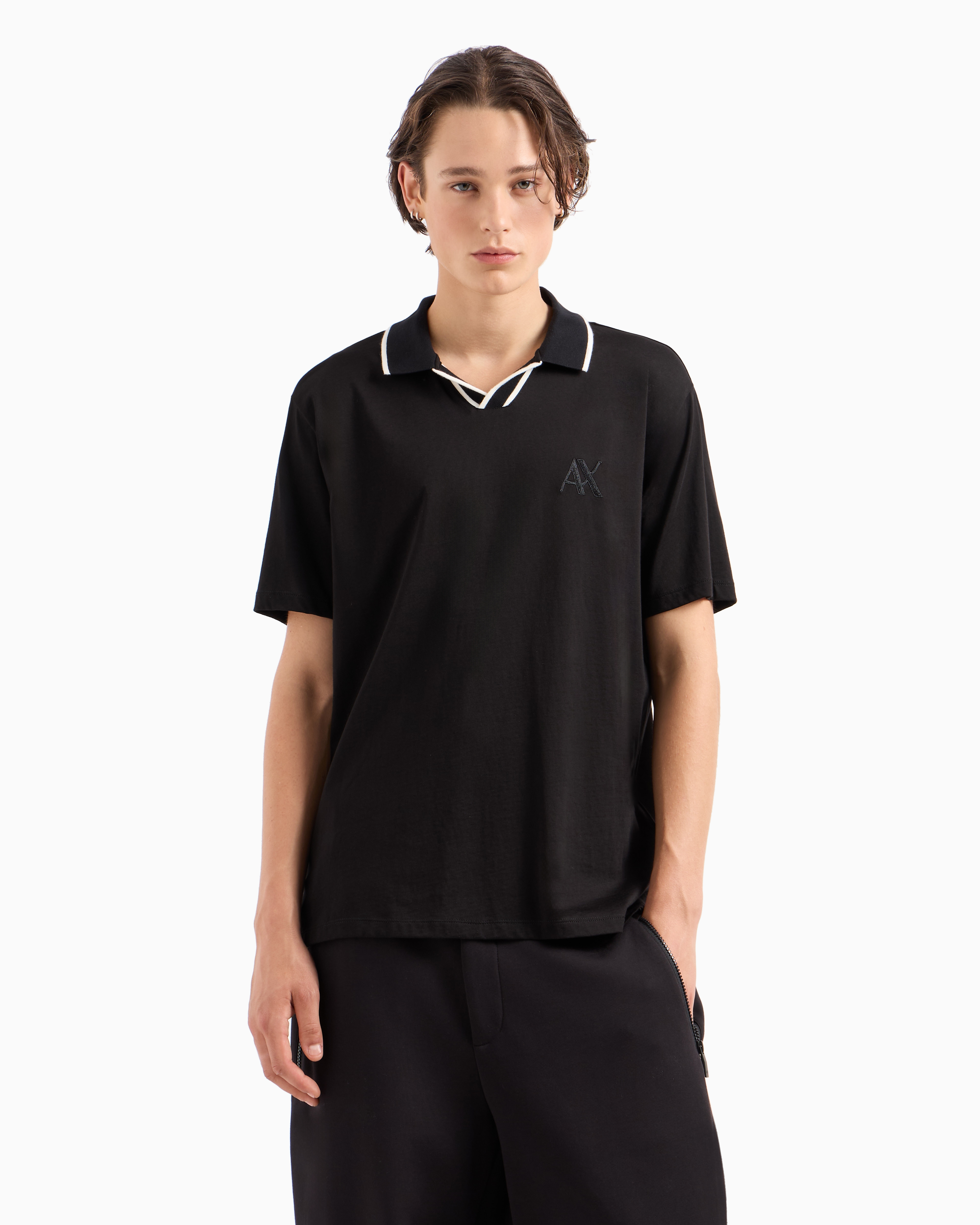 Shop Armani Exchange Asv Cotton Polo With Contrasting Collar Profiles In Black