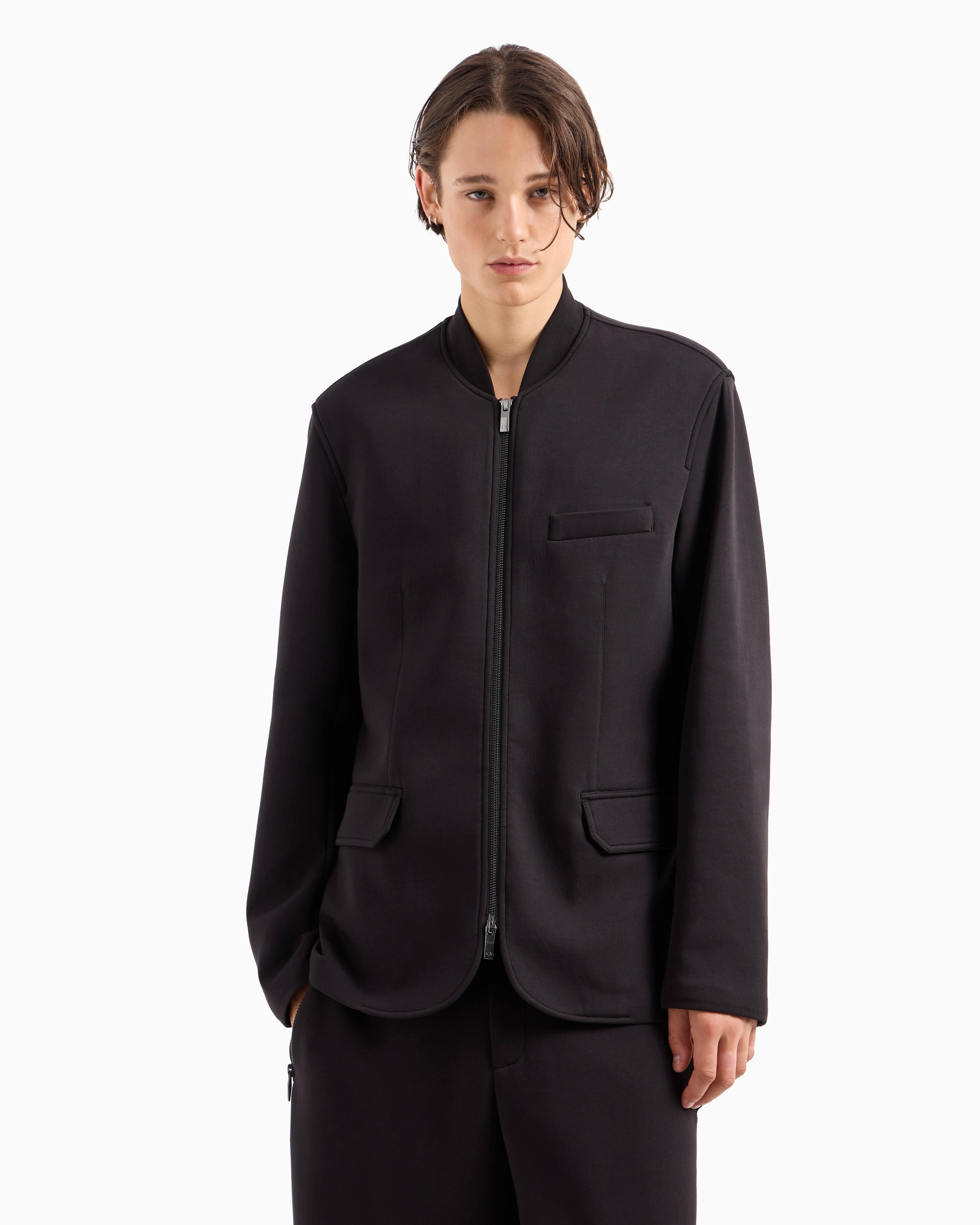 Shop Armani Exchange Bonded Cotton Long Zip Jacket In Black