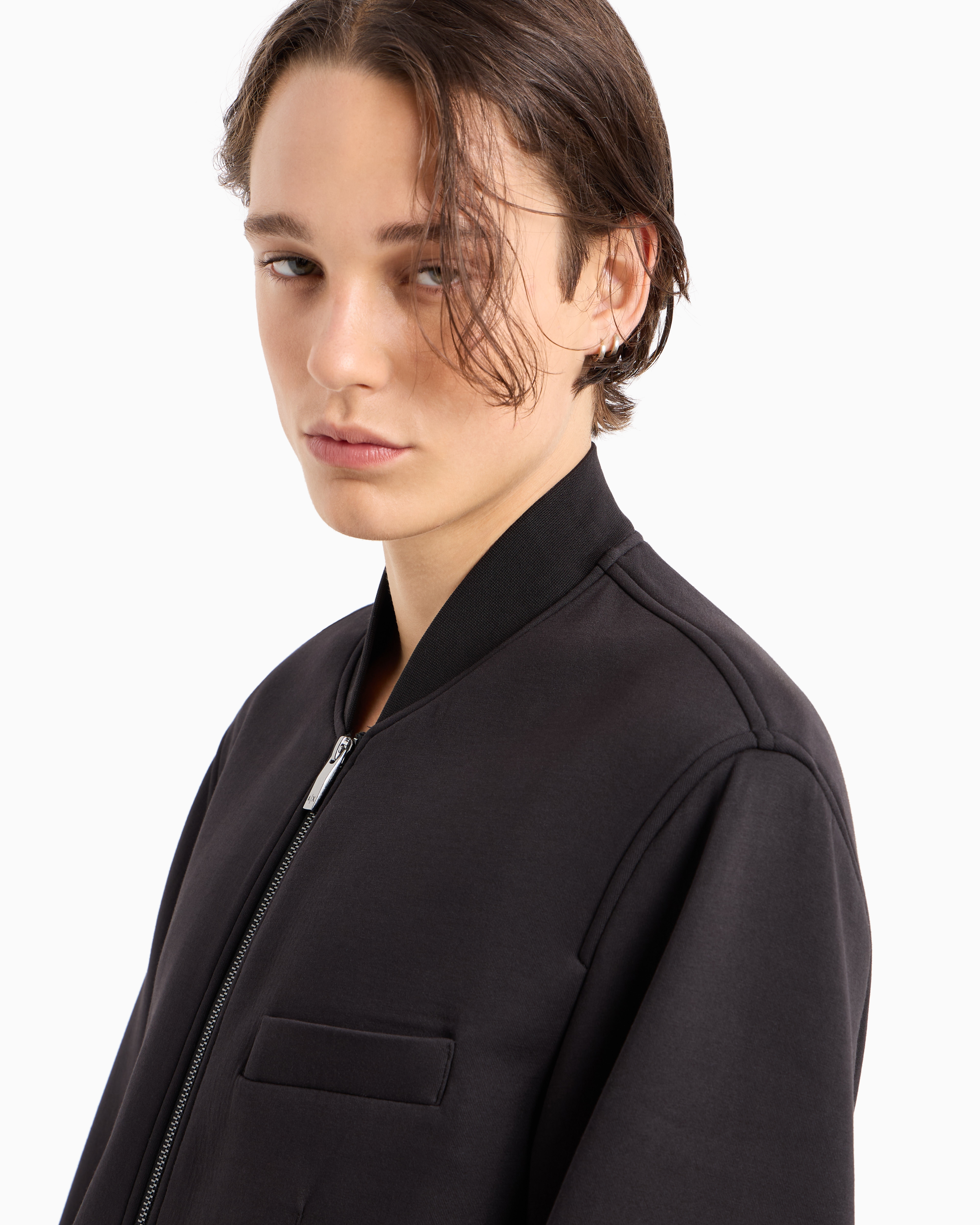 Shop Armani Exchange Bonded Cotton Long Zip Jacket In Black