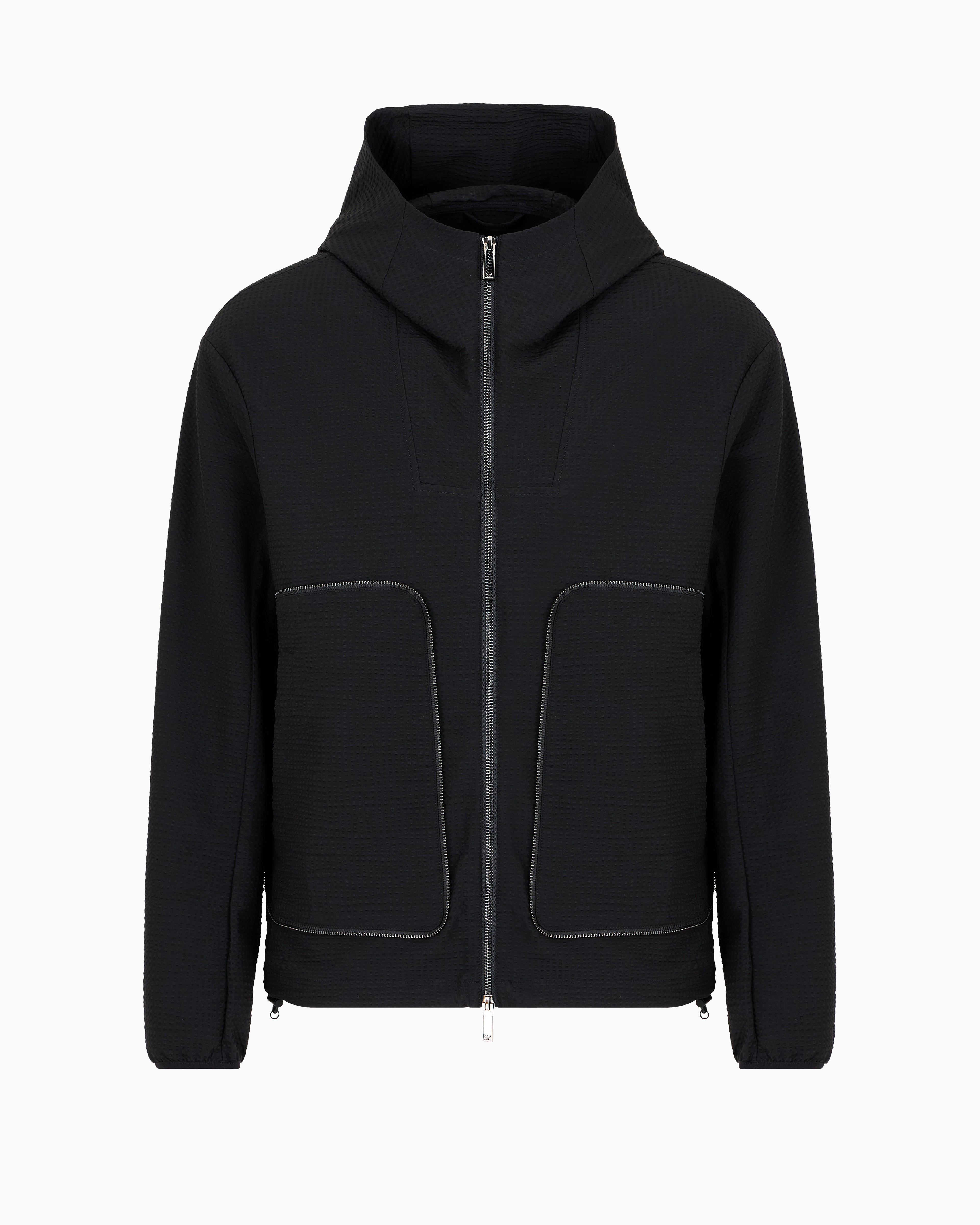 Emporio Armani Official Store Technical-seersucker Hooded Blouson With Zip In Black