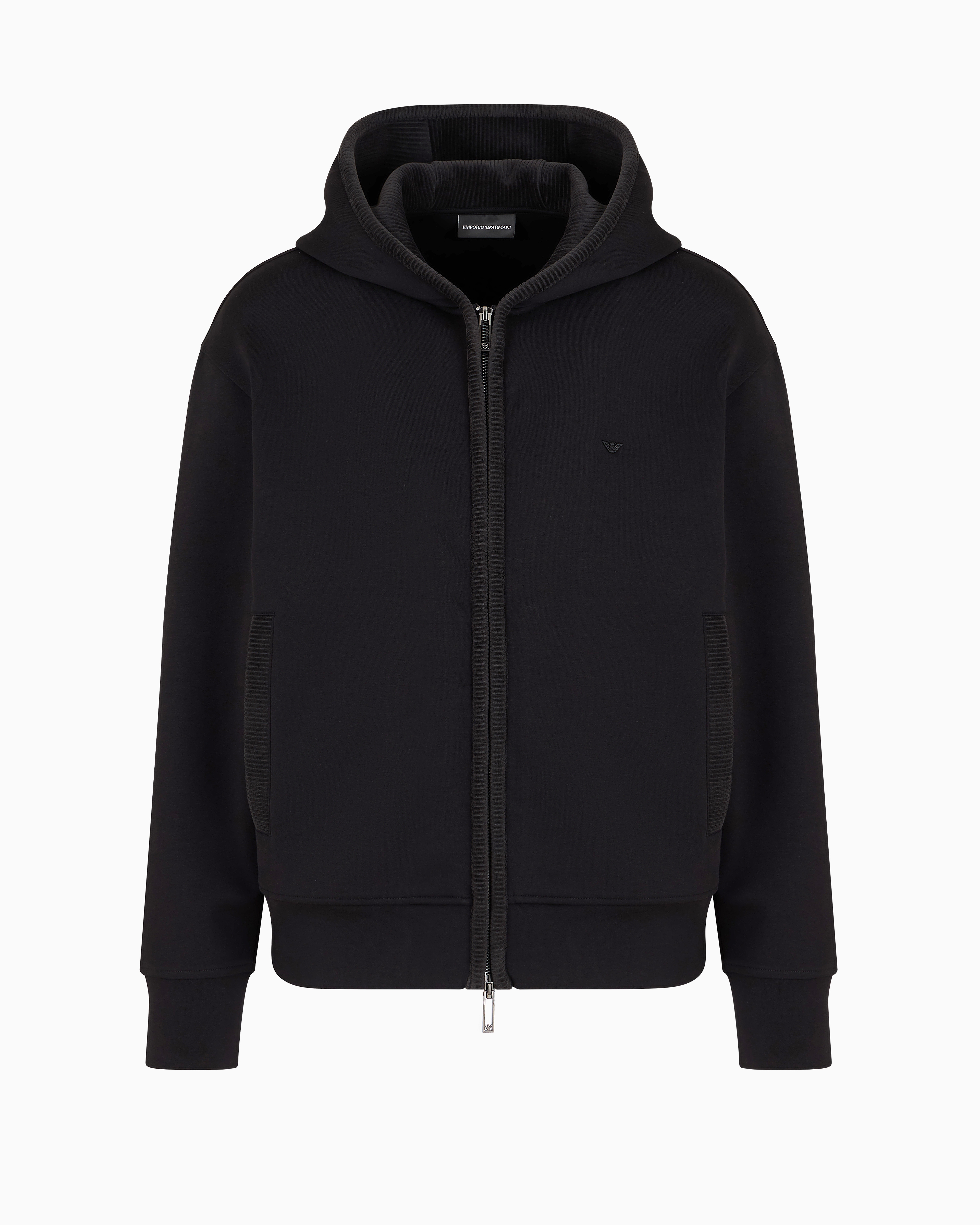 Emporio Armani Official Store Double-jersey Hooded Zip-up Sweatshirt With Velour Details In Black