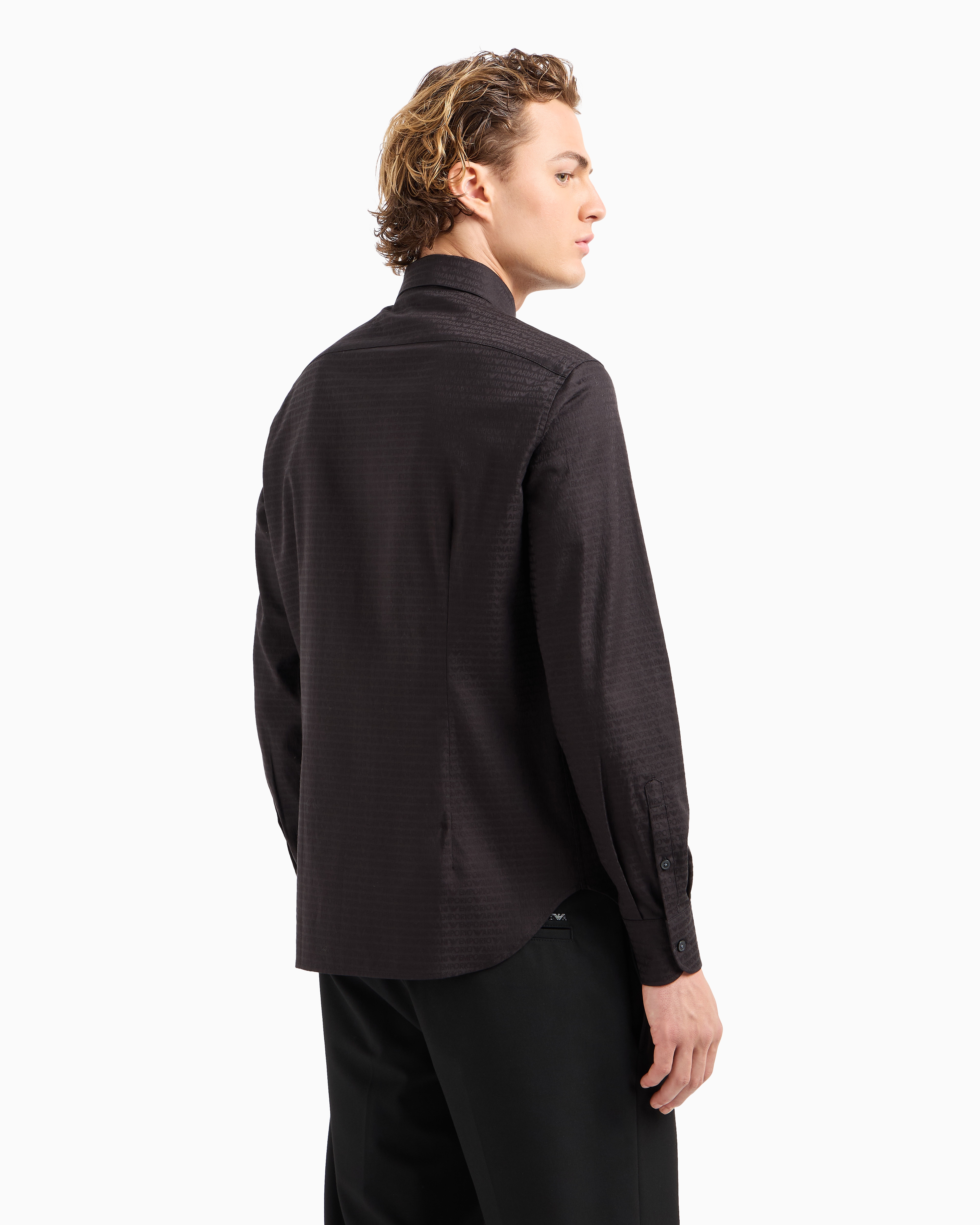 Emporio Armani Official Store Cotton Shirt With All-over Jacquard Logo Lettering In Black Logo