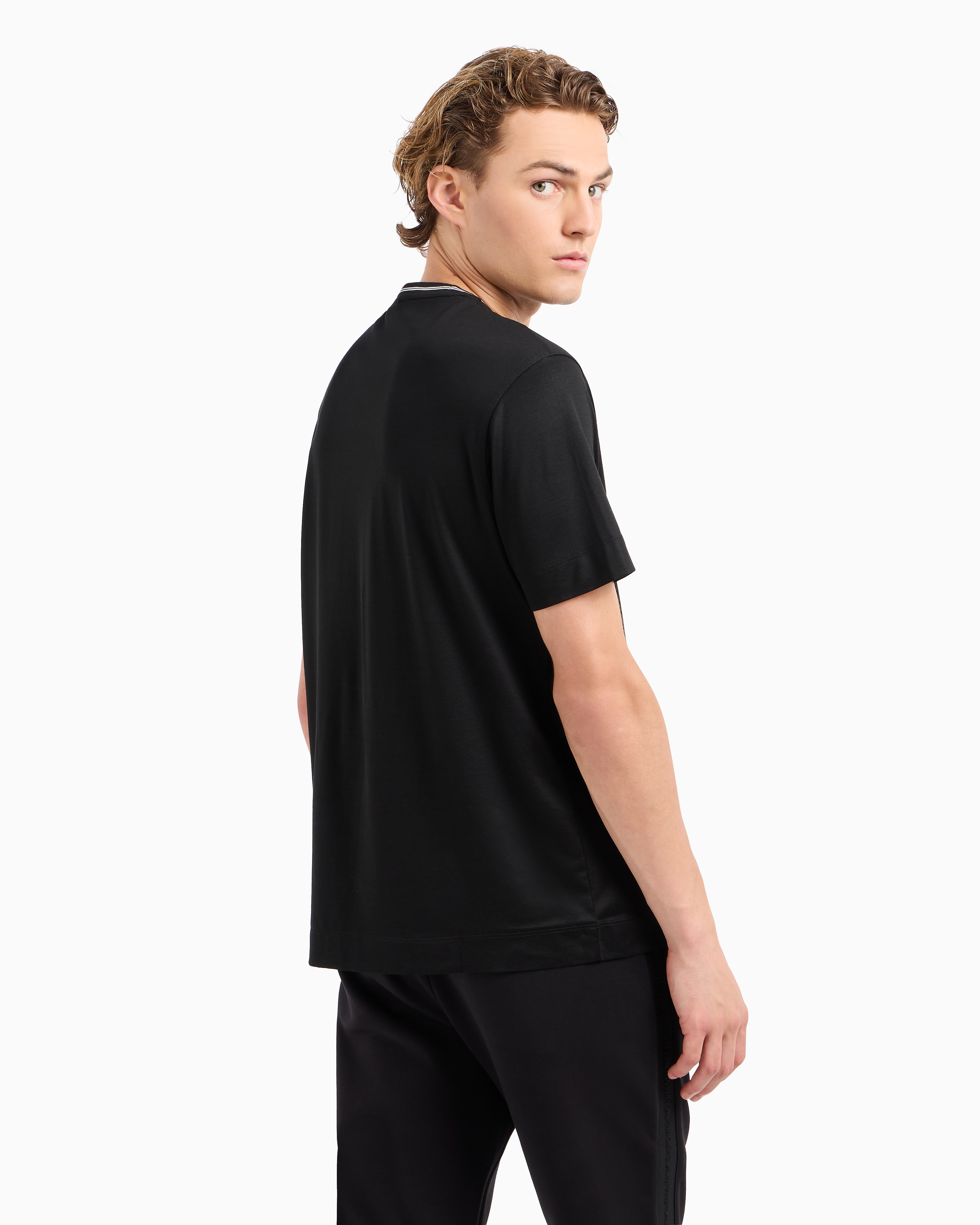 Emporio Armani Official Store Asv Lyocell-blend Jersey T-shirt With Logo On Collar In Black