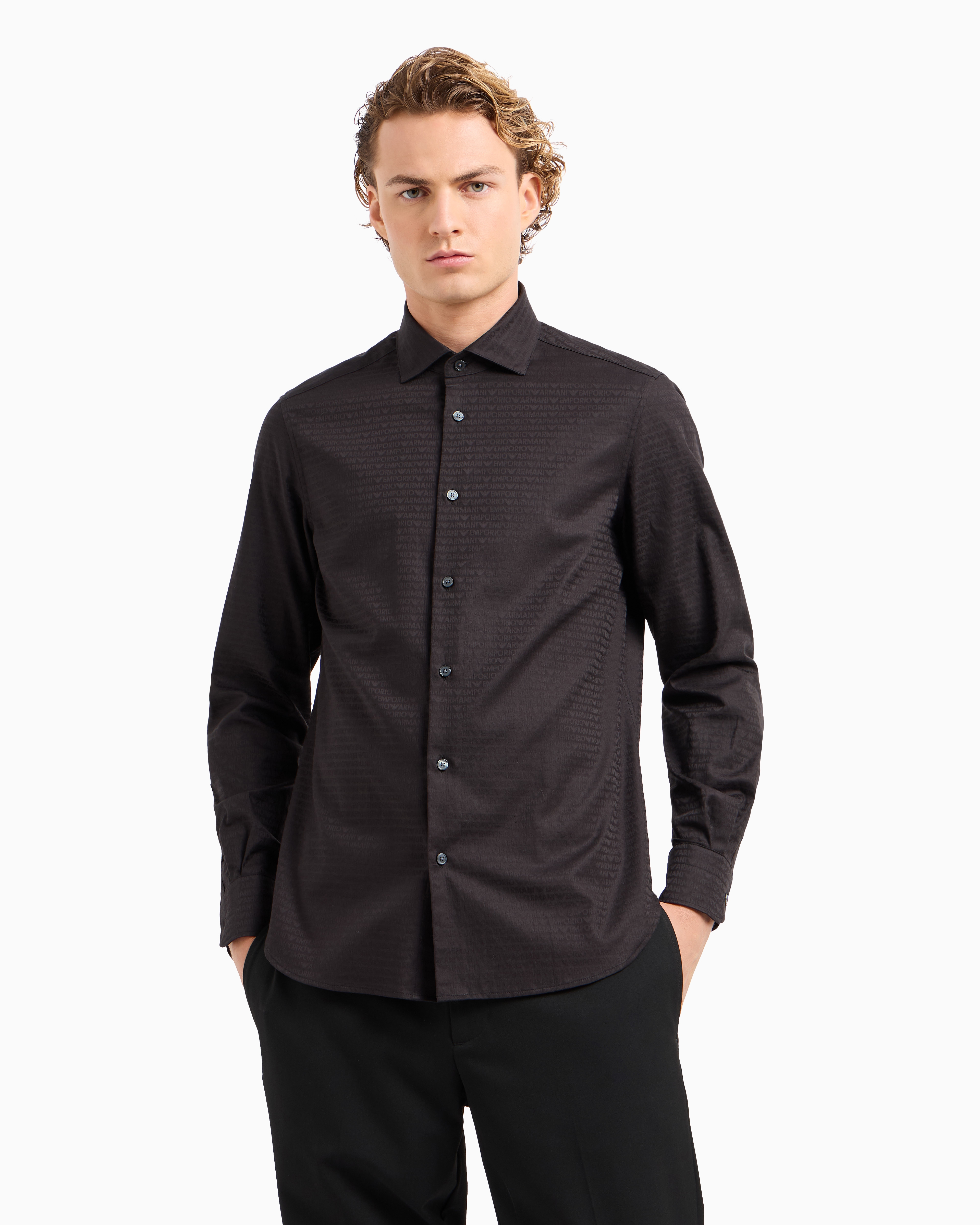 Emporio Armani Official Store Cotton Shirt With All-over Jacquard Logo Lettering In Black Logo