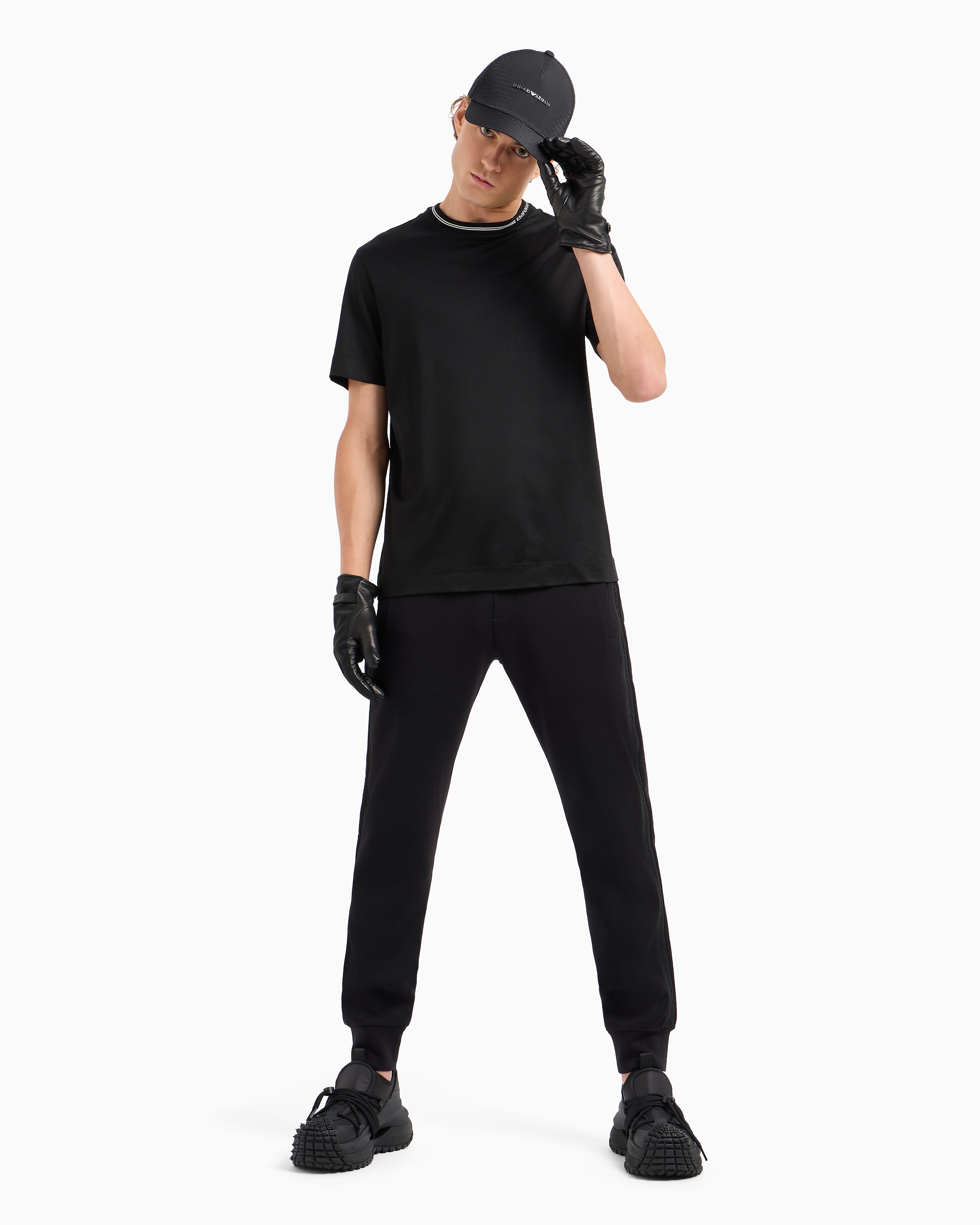 Emporio Armani Official Store Asv Lyocell-blend Jersey T-shirt With Logo On Collar In Black