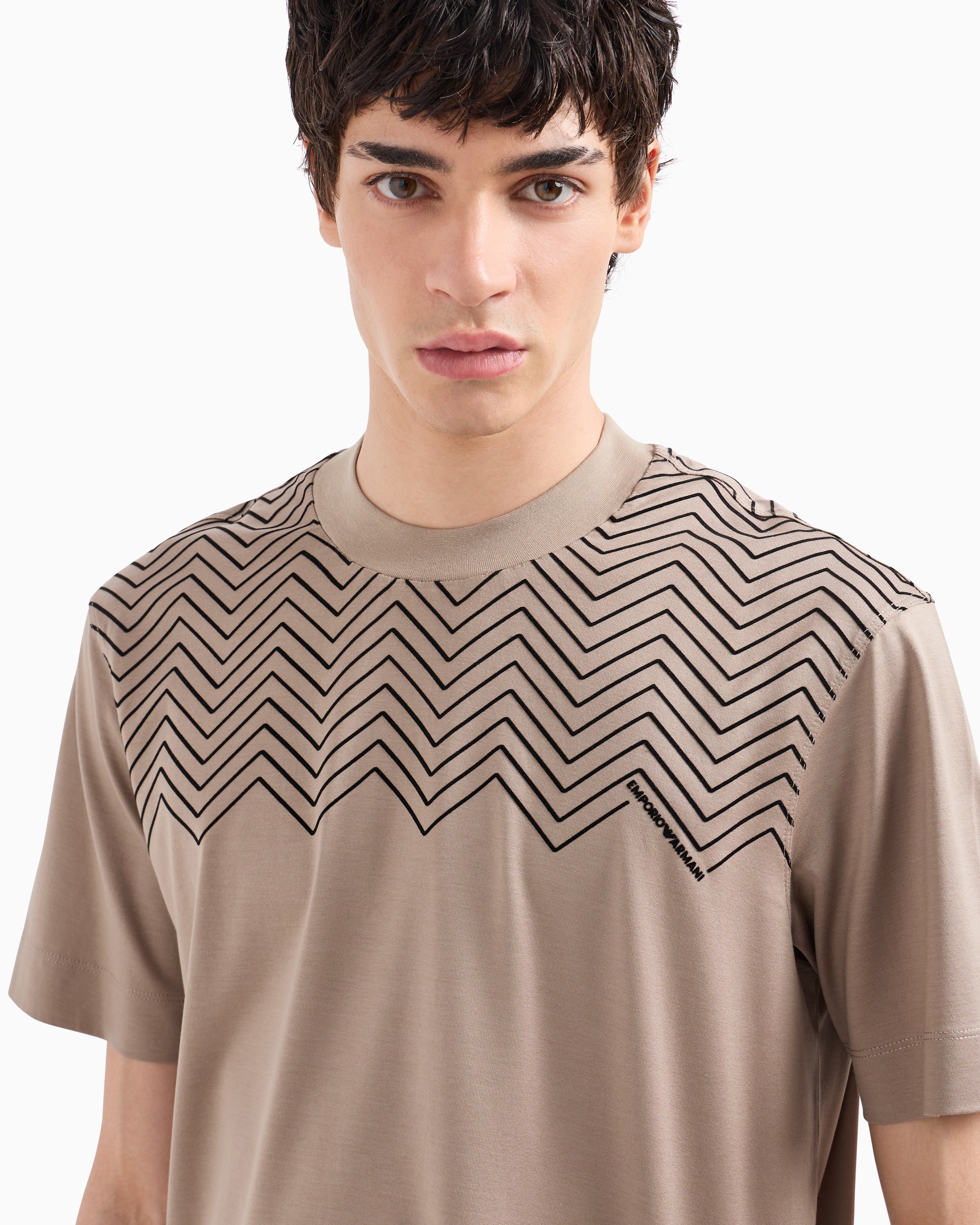 Emporio Armani Official Store Asv Lyocell-blend Jersey T-shirt With Chevron Flock Detail In Beige