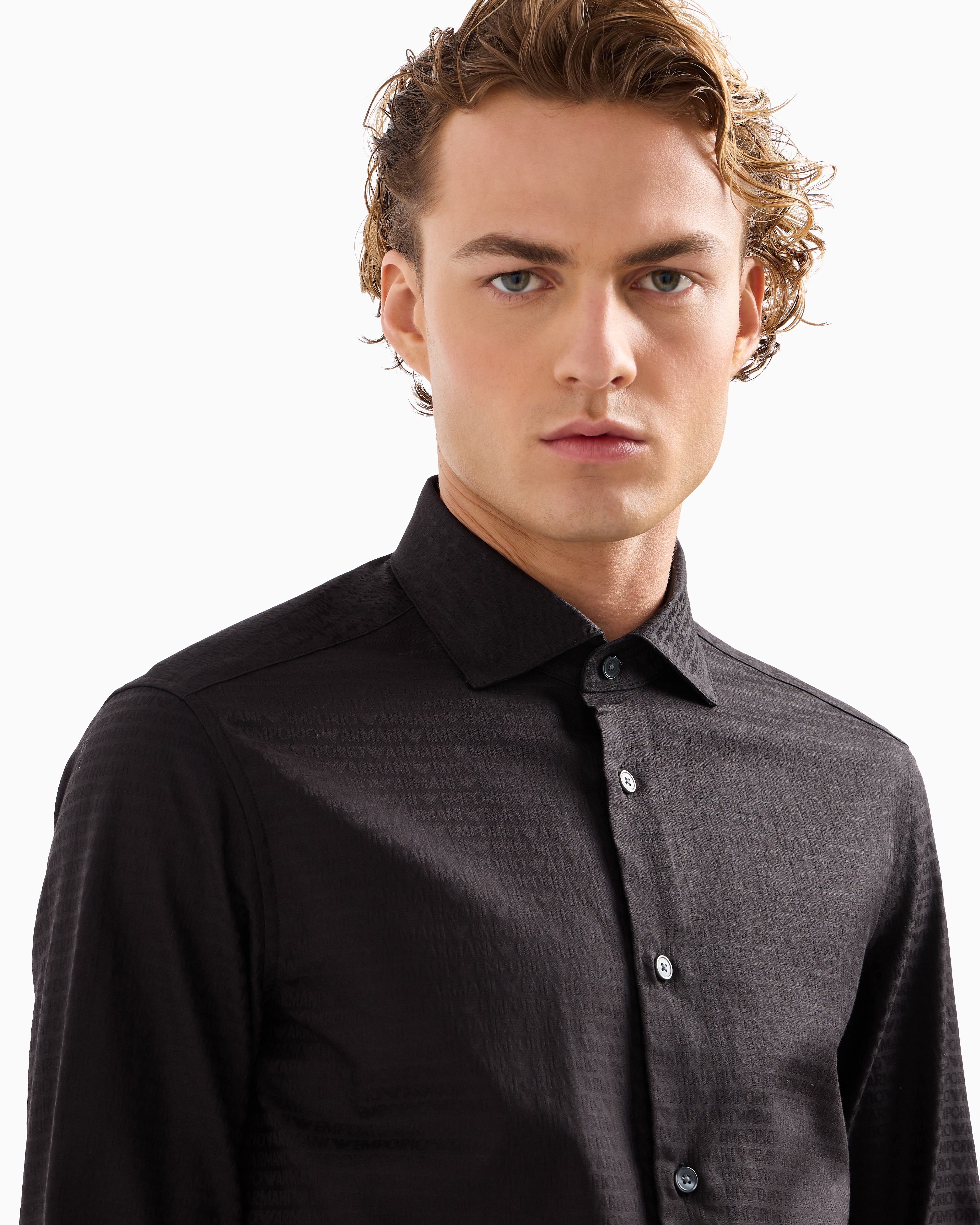 Emporio Armani Official Store Cotton Shirt With All-over Jacquard Logo Lettering In Black Logo