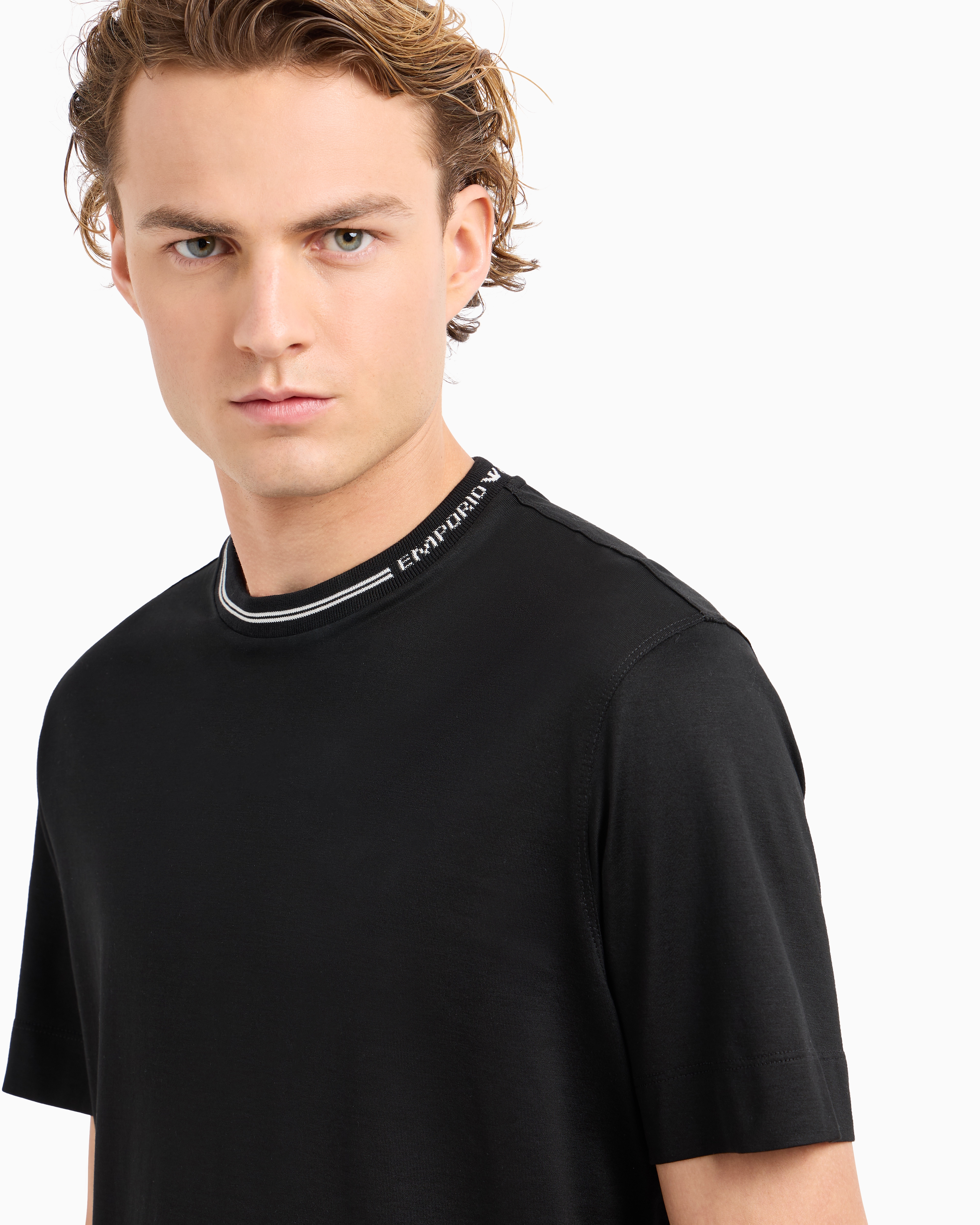 Emporio Armani Official Store Asv Lyocell-blend Jersey T-shirt With Logo On Collar In Black