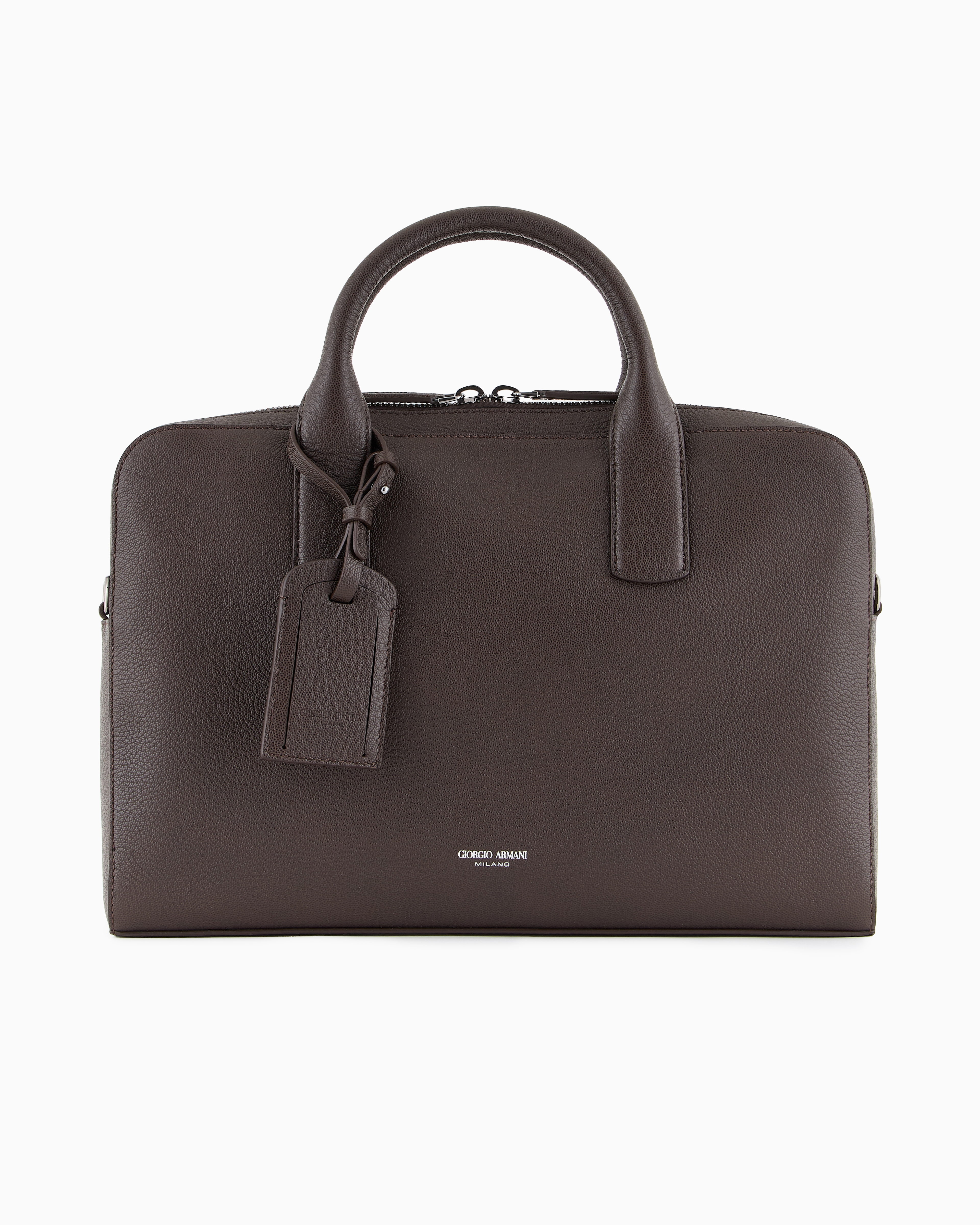 Giorgio Armani Official Store Pebbled Leather Briefcase In Dark Brown