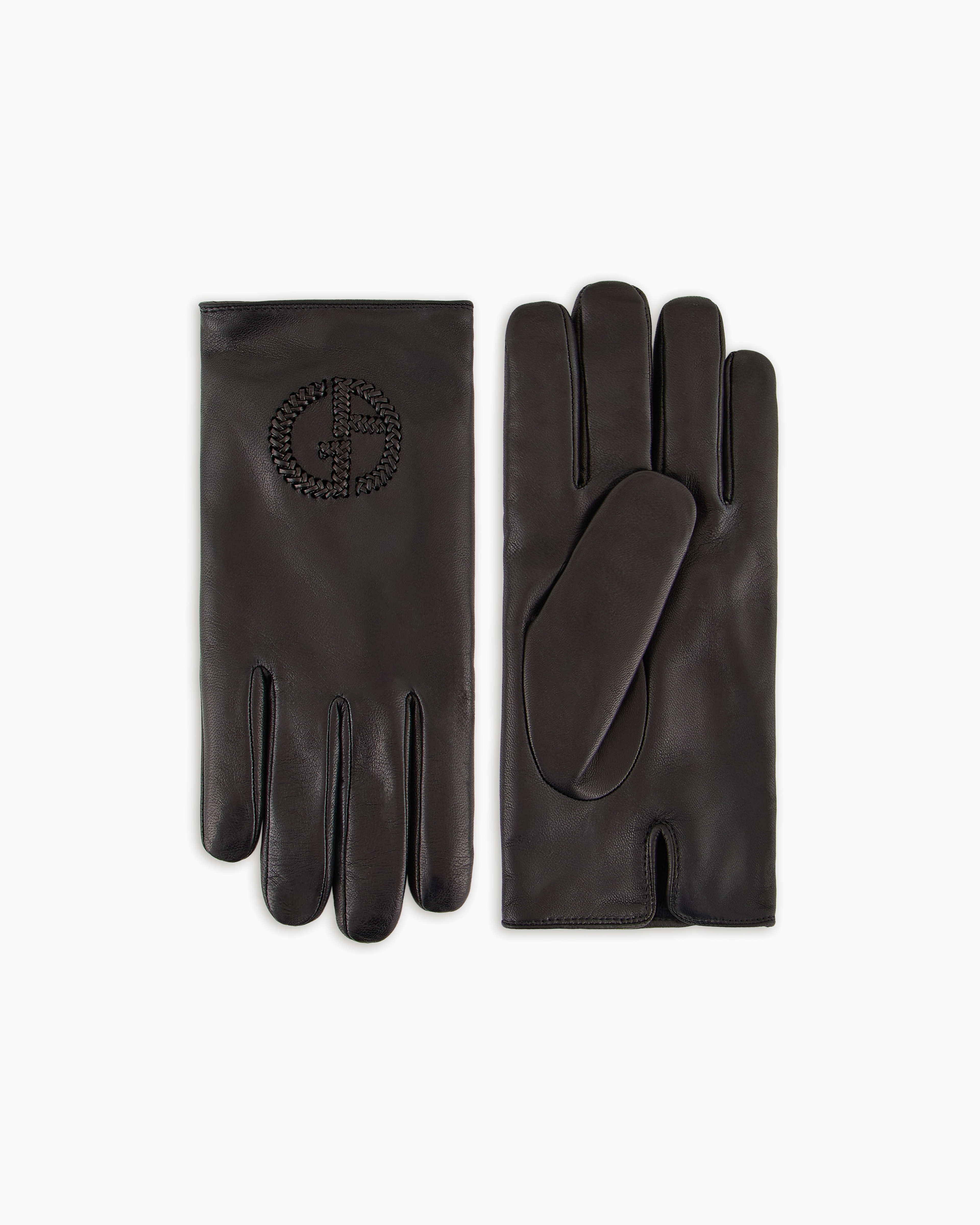 Giorgio Armani Official Store Nappa Leather Gloves With Embroidered Logo In Black