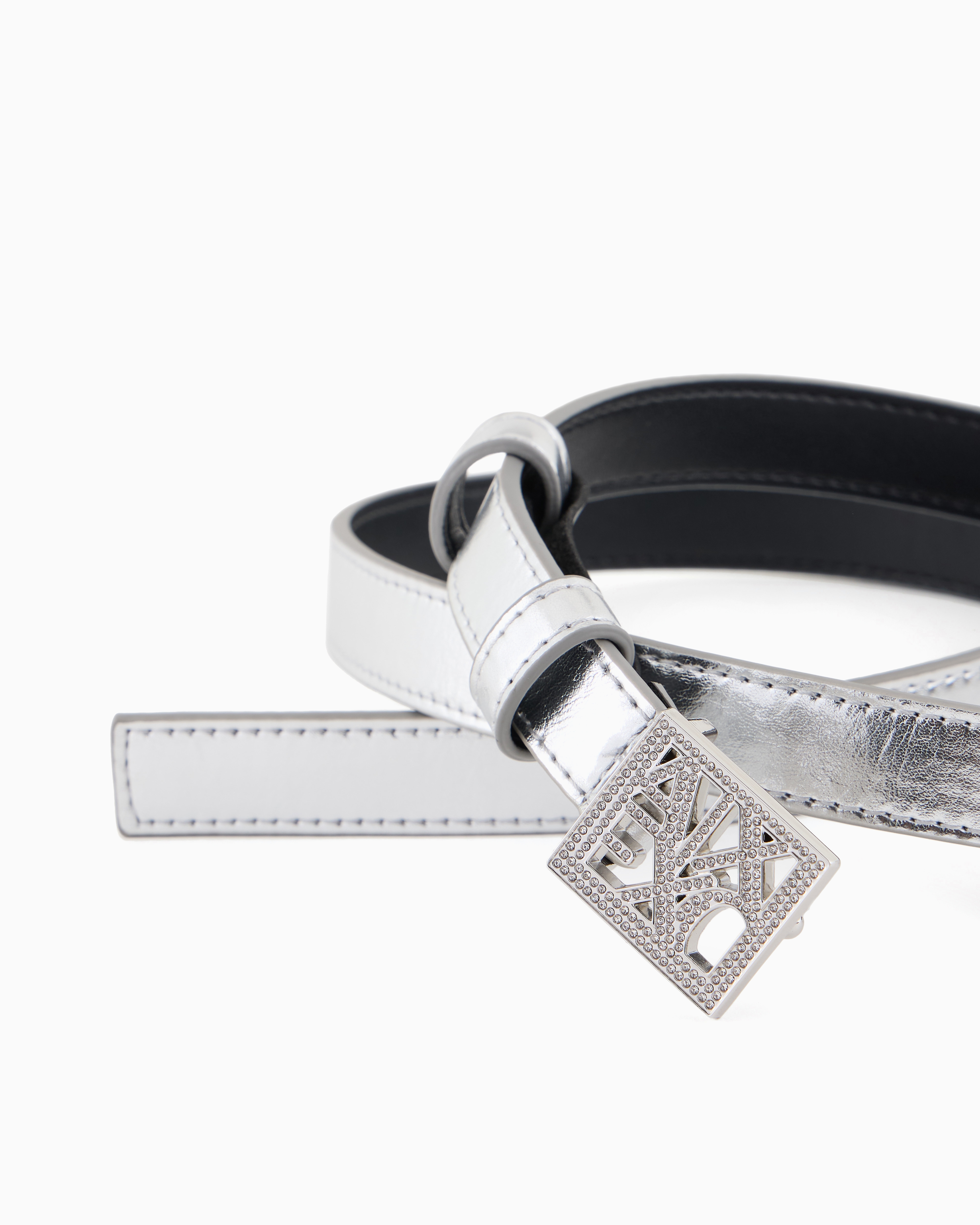 Shop Armani Exchange Metallic Effect Belt With Rhinestone Logo In Silver