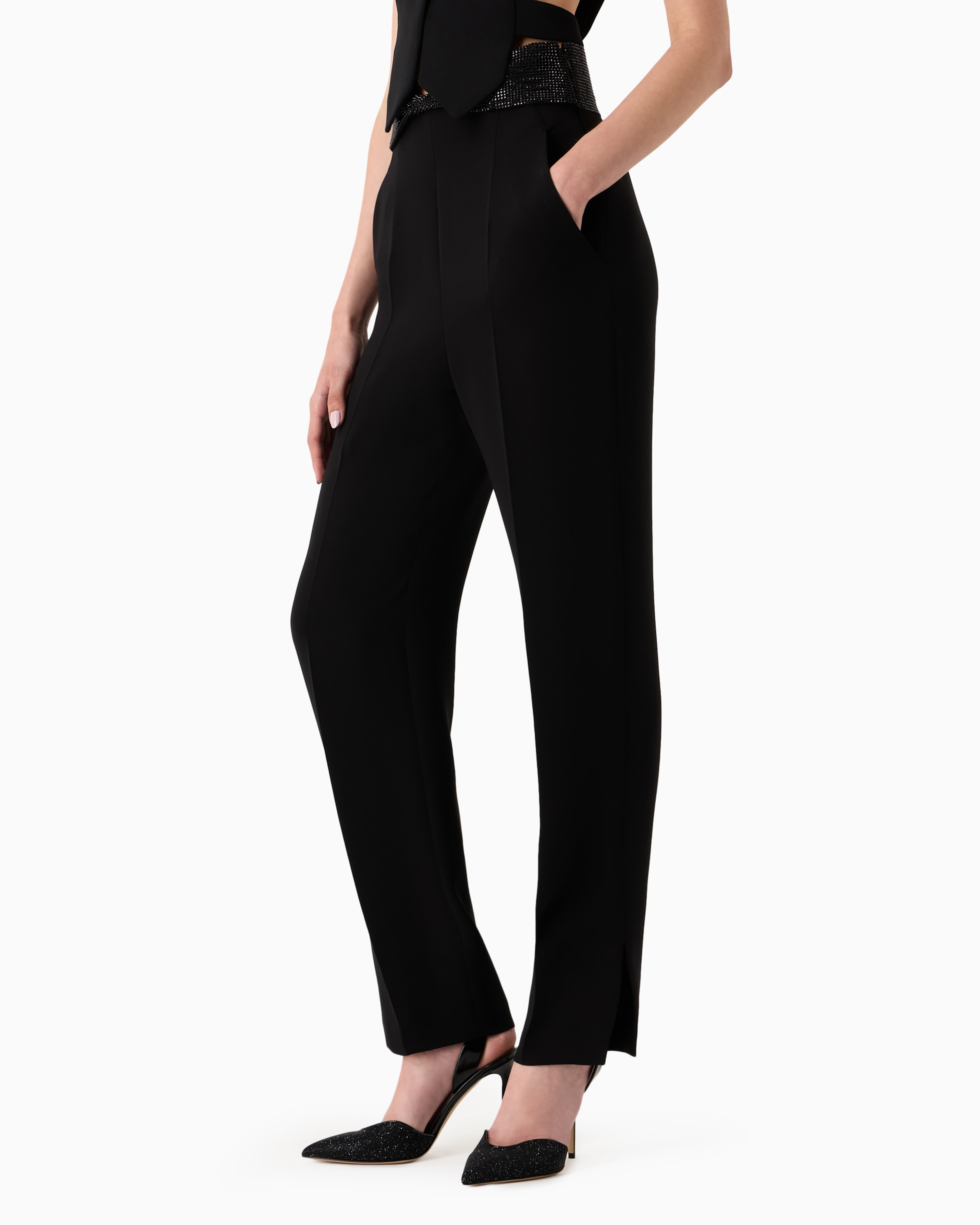 Shop Giorgio Armani Straight Trousers In Silk Cady With Rhinestone Details In Black