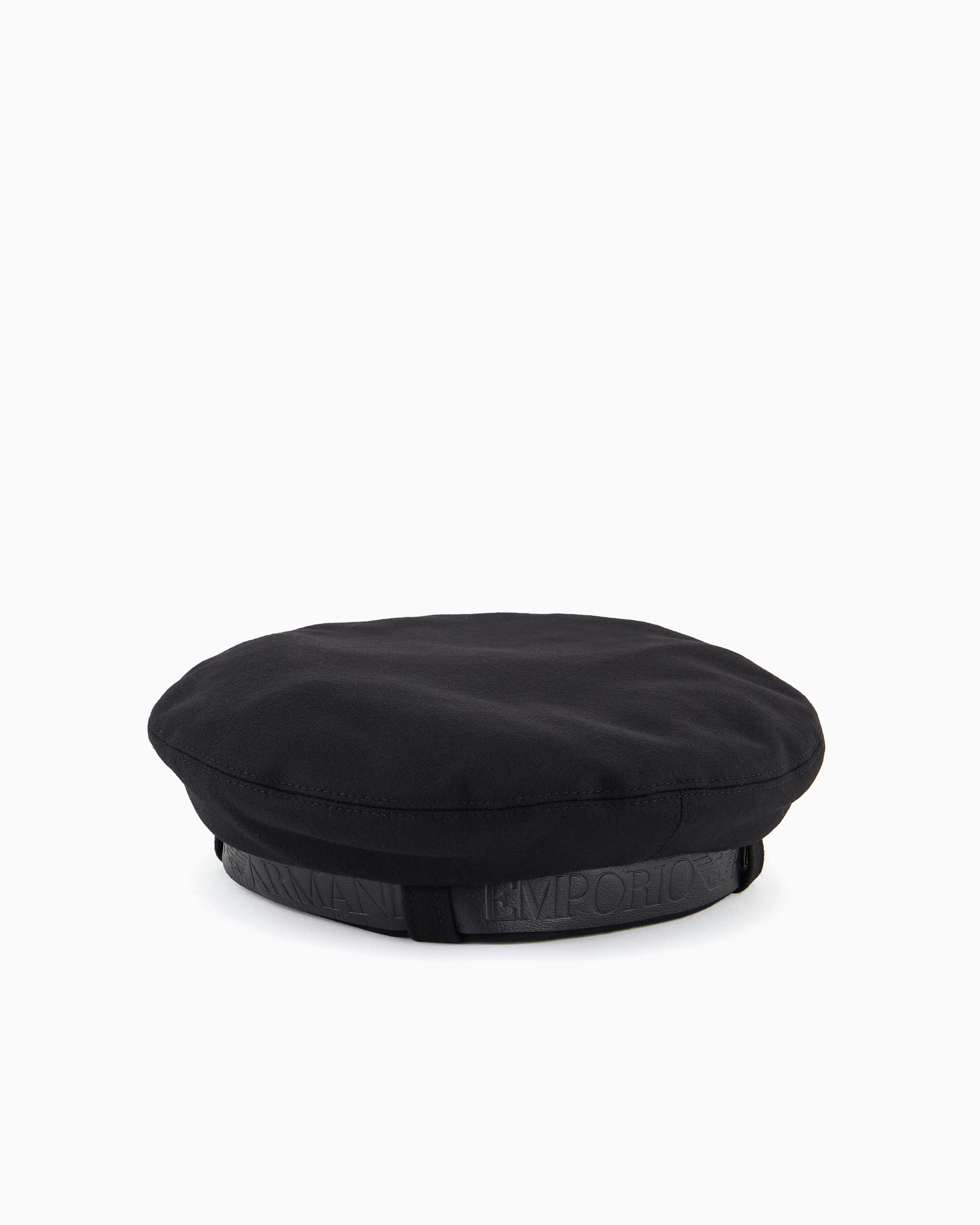 Emporio Armani Official Store Wool Cloth Beret With A Leather Logo Ribbon In Black