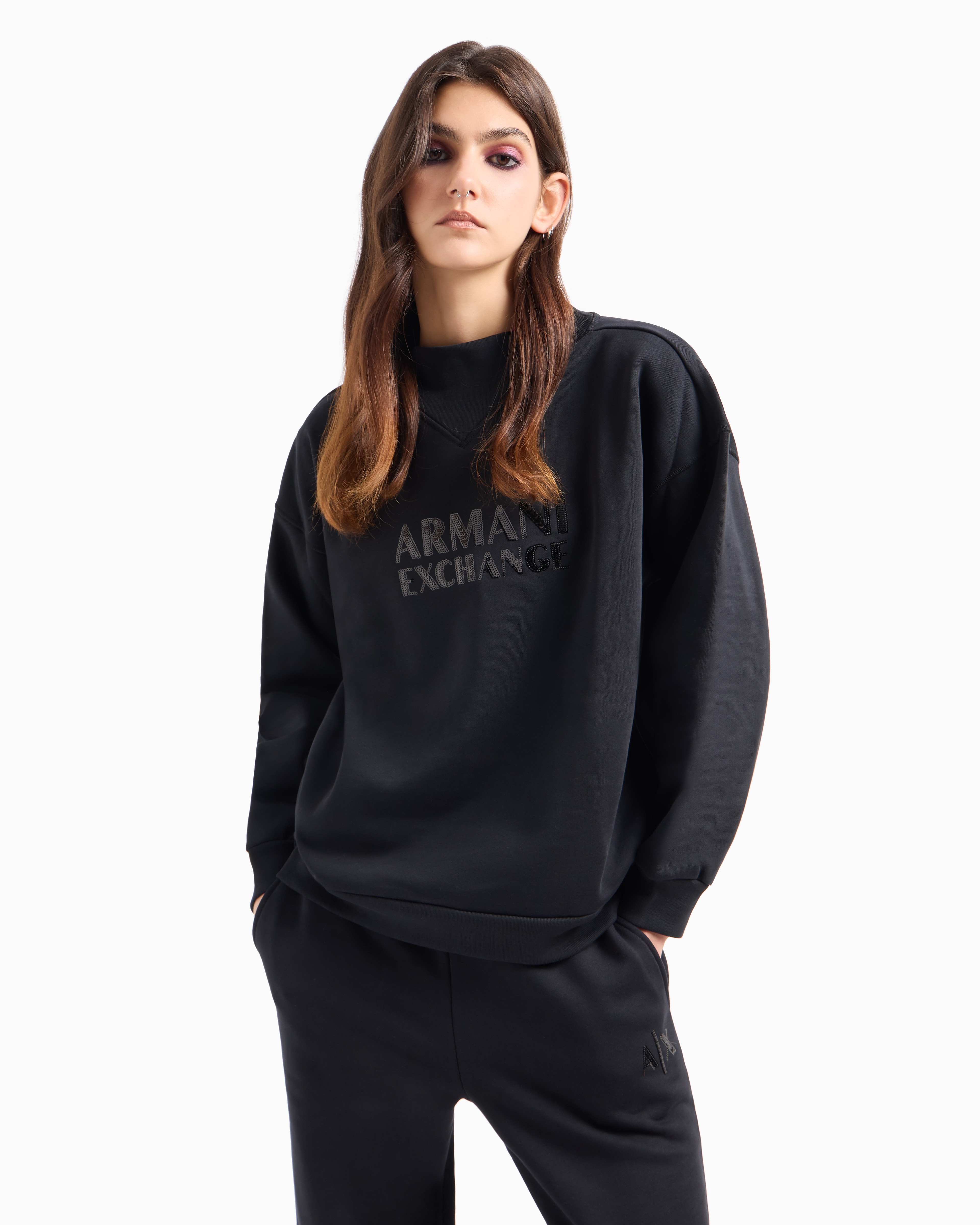 ARMANI EXCHANGE HIGH NECK SWEATSHIRT WITH CONTRASTING SPARKLING LOGO 