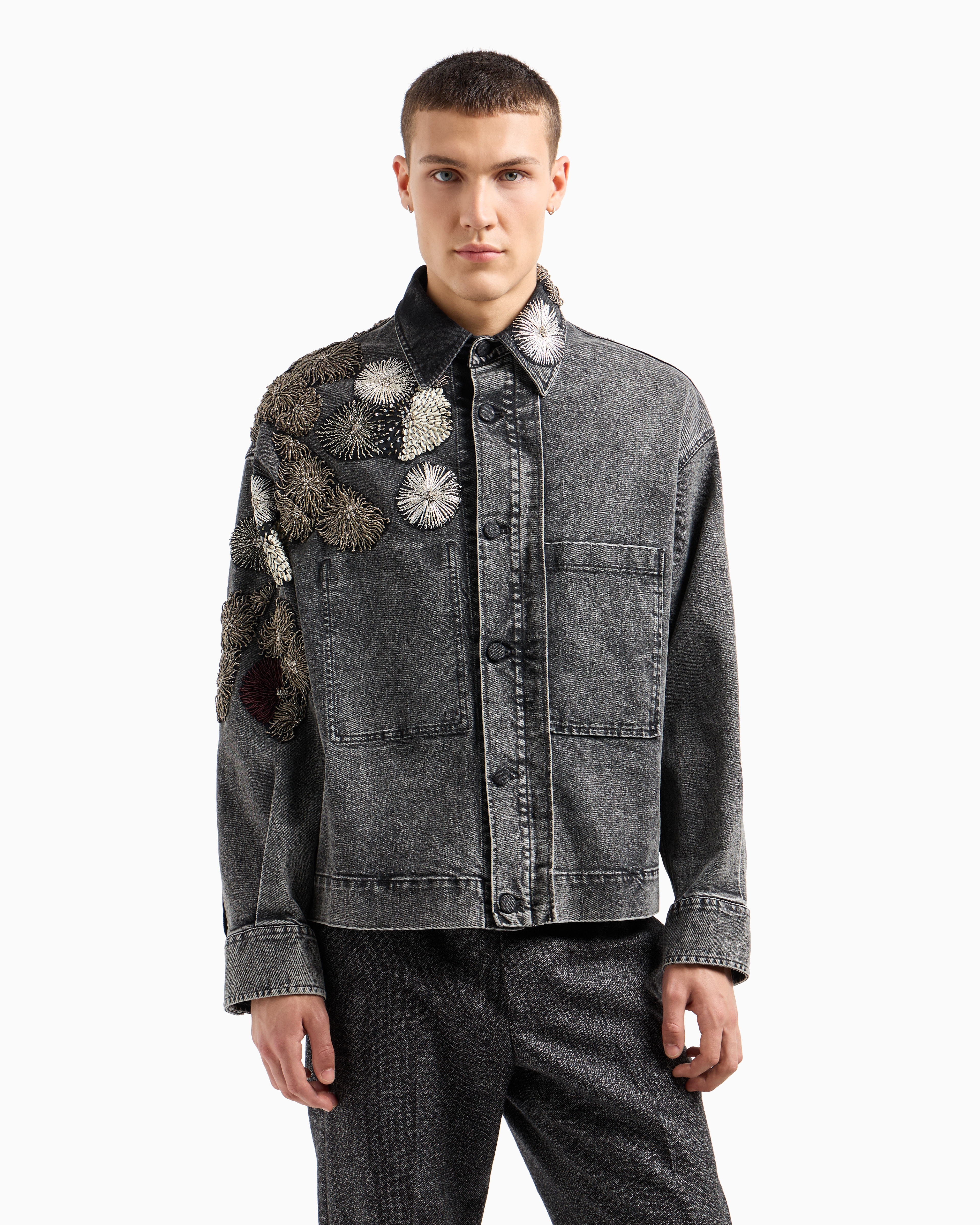 希少新品Emporio Armaniタグ付き サイズ52 ラムスキン 刺繍グレー Garment-treated denim jacket with metallic nautical