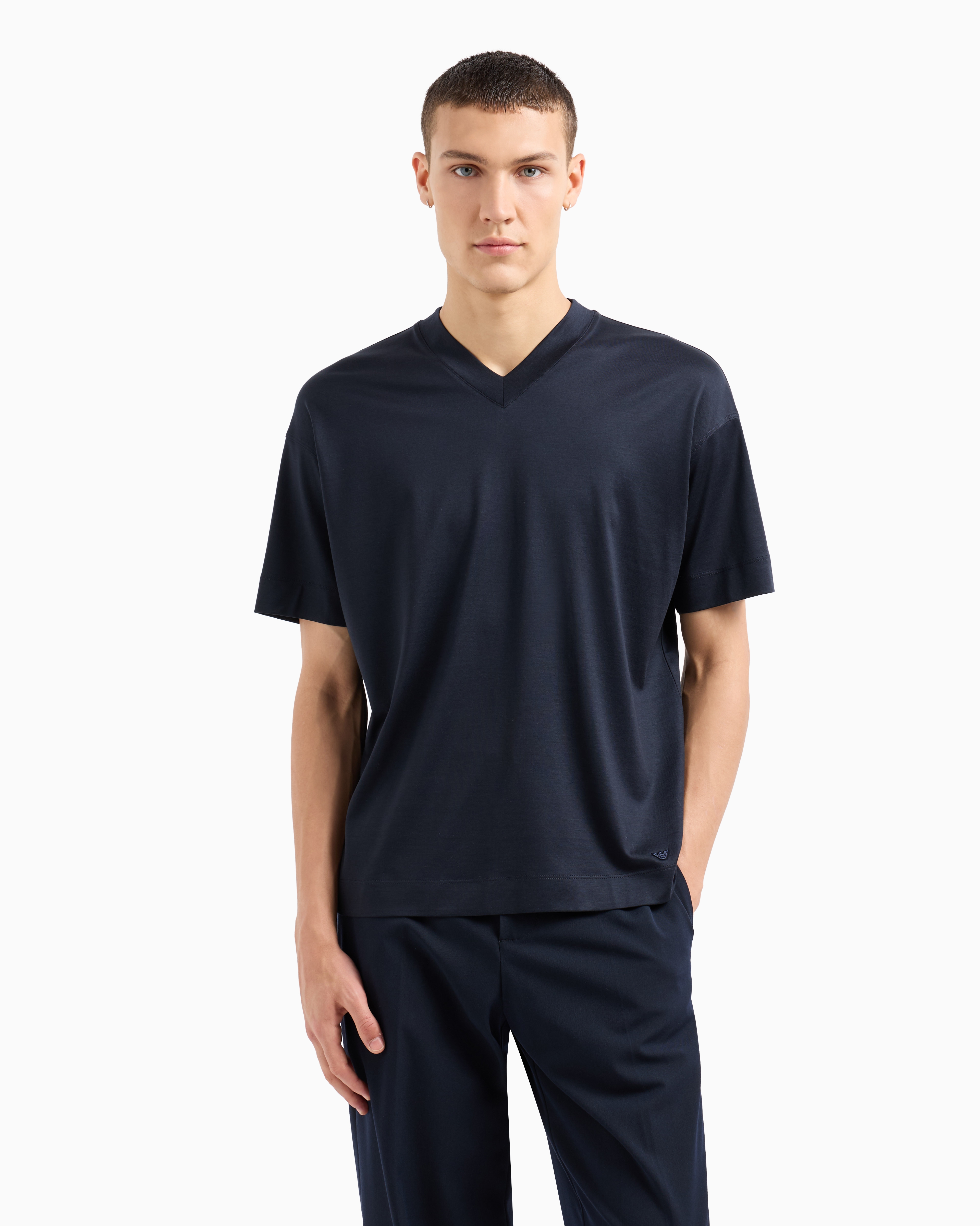 Shop Emporio Armani Asv Lyocell-blend Jersey V-neck T-shirt In Marineblau