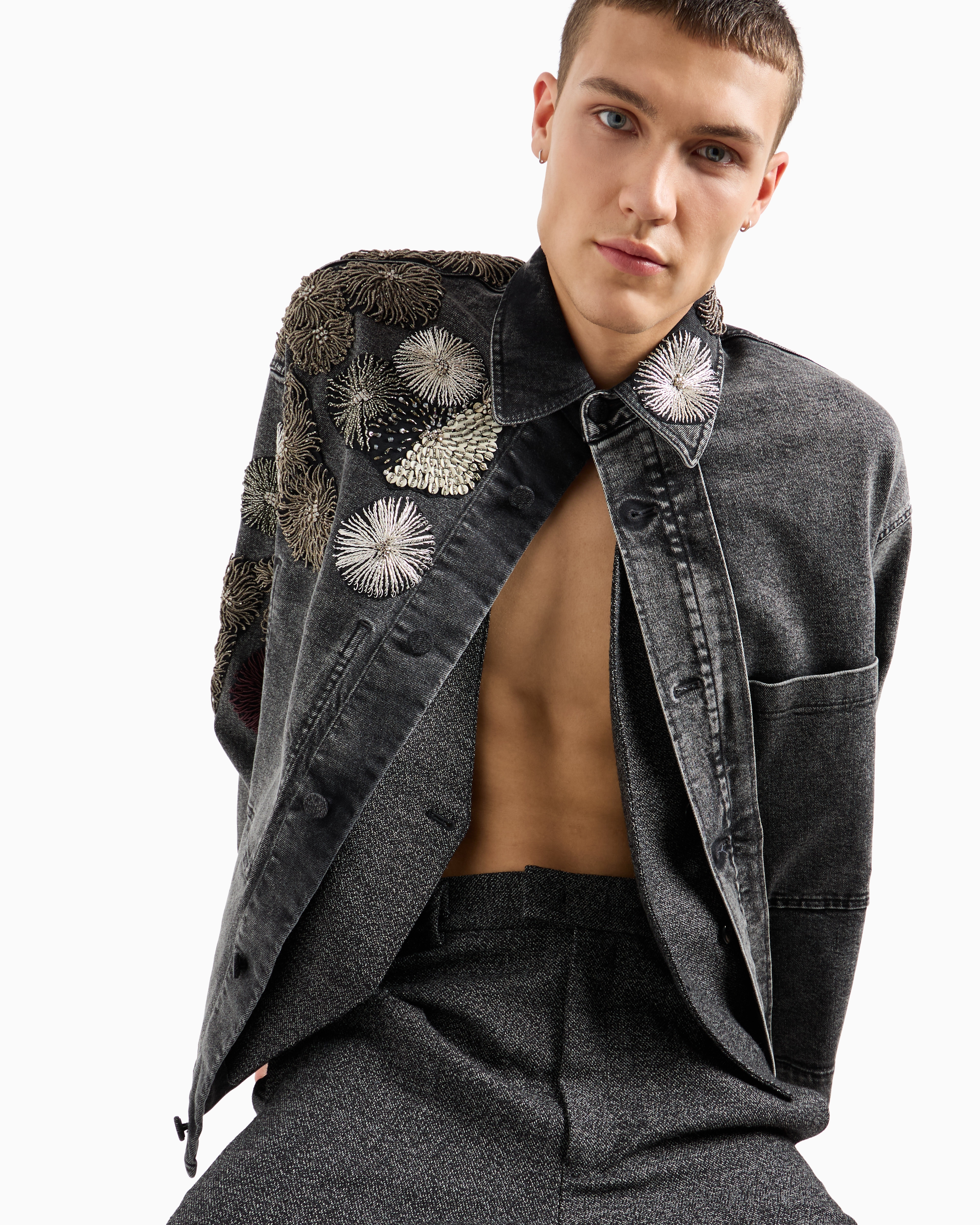 Garment-treated denim jacket with metallic nautical