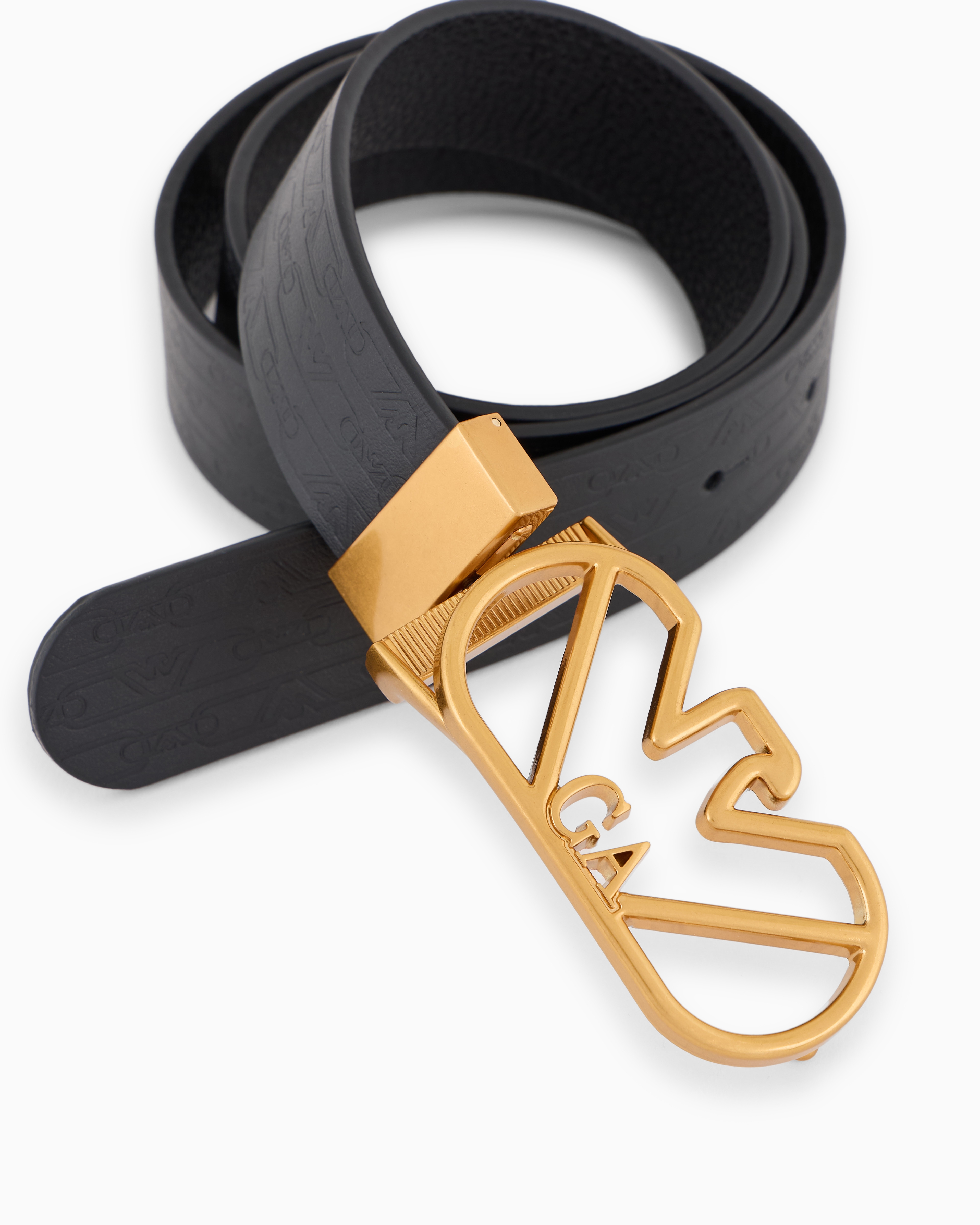 Shop Emporio Armani Reversible Belt In Monogram-print Leather With Eagle Buckle In Black