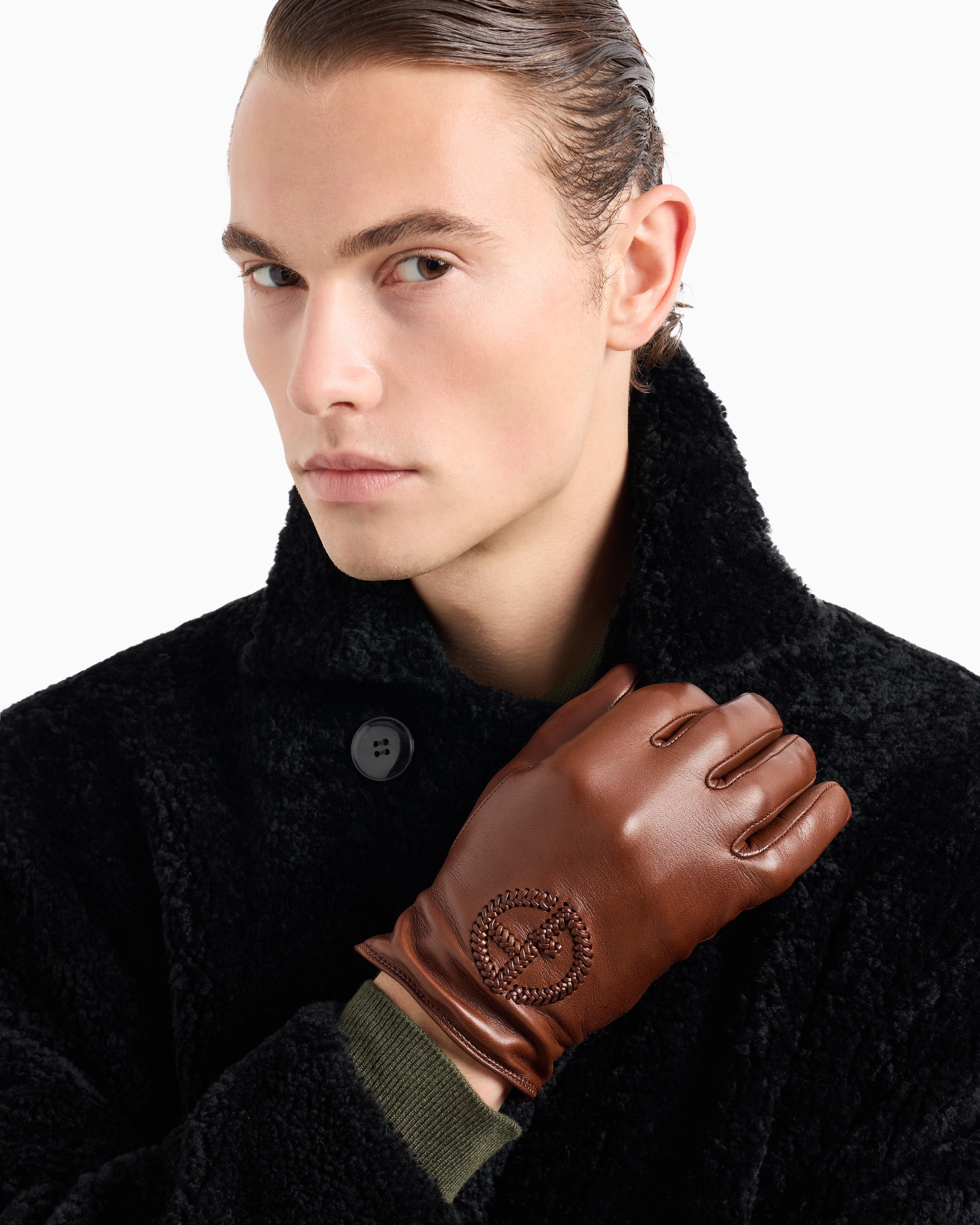 Giorgio Armani Official Store Nappa Leather Gloves With Embroidered Logo In Buff