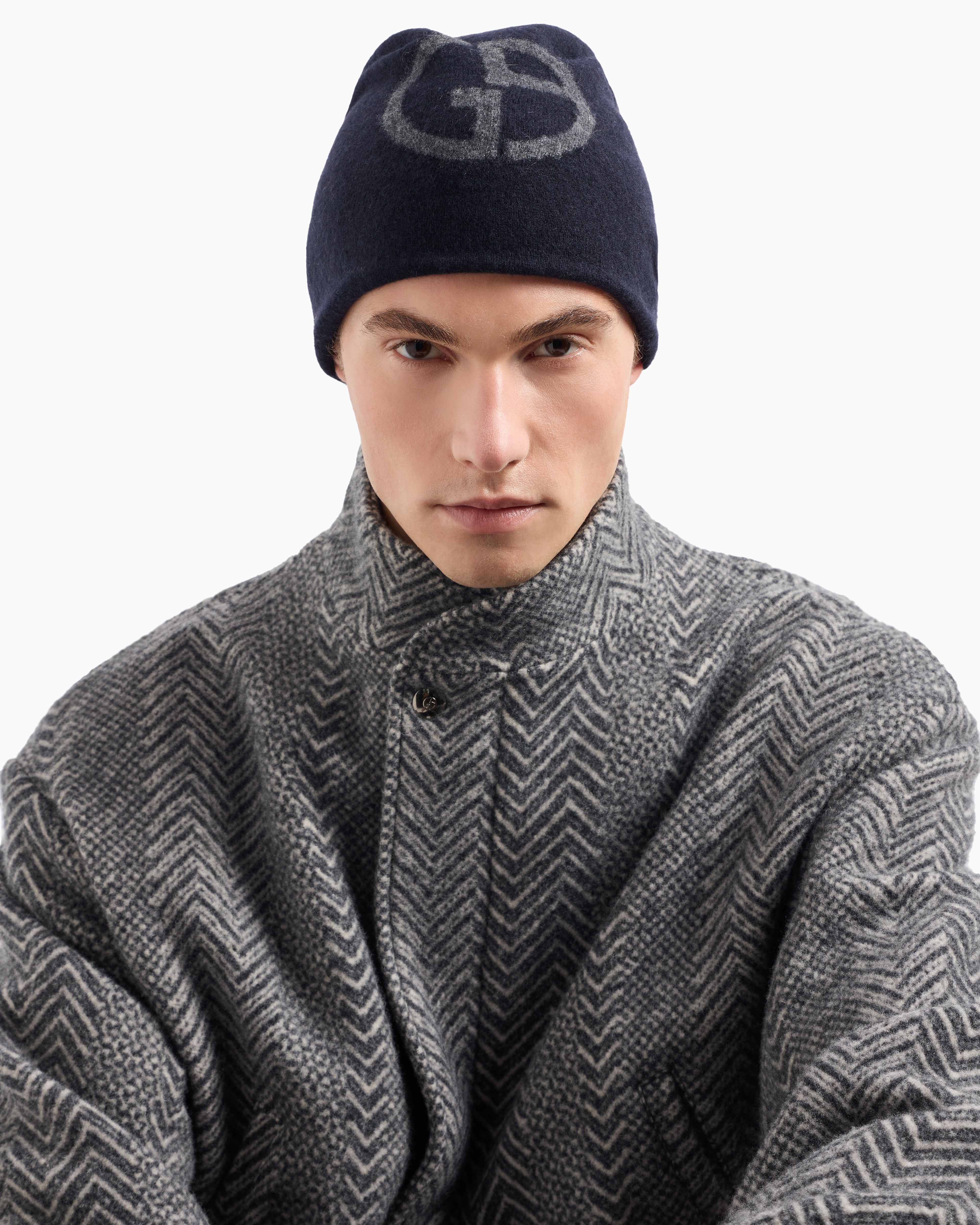 Shop Giorgio Armani Cashmere Jacquard Logo Beanie In Blue