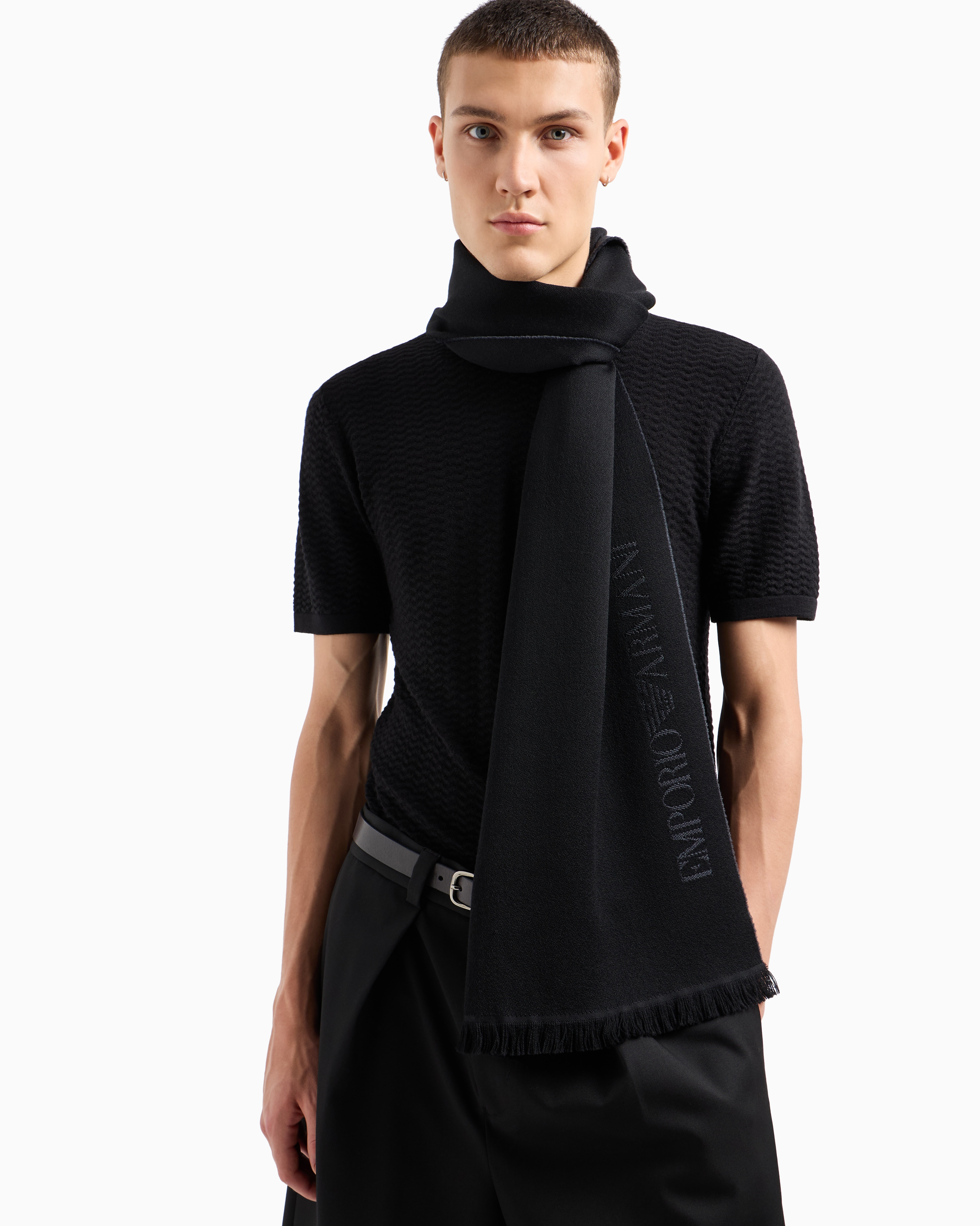 Emporio Armani Official Store Wool Scarf With Jacquard Logo Lettering In Black Logo