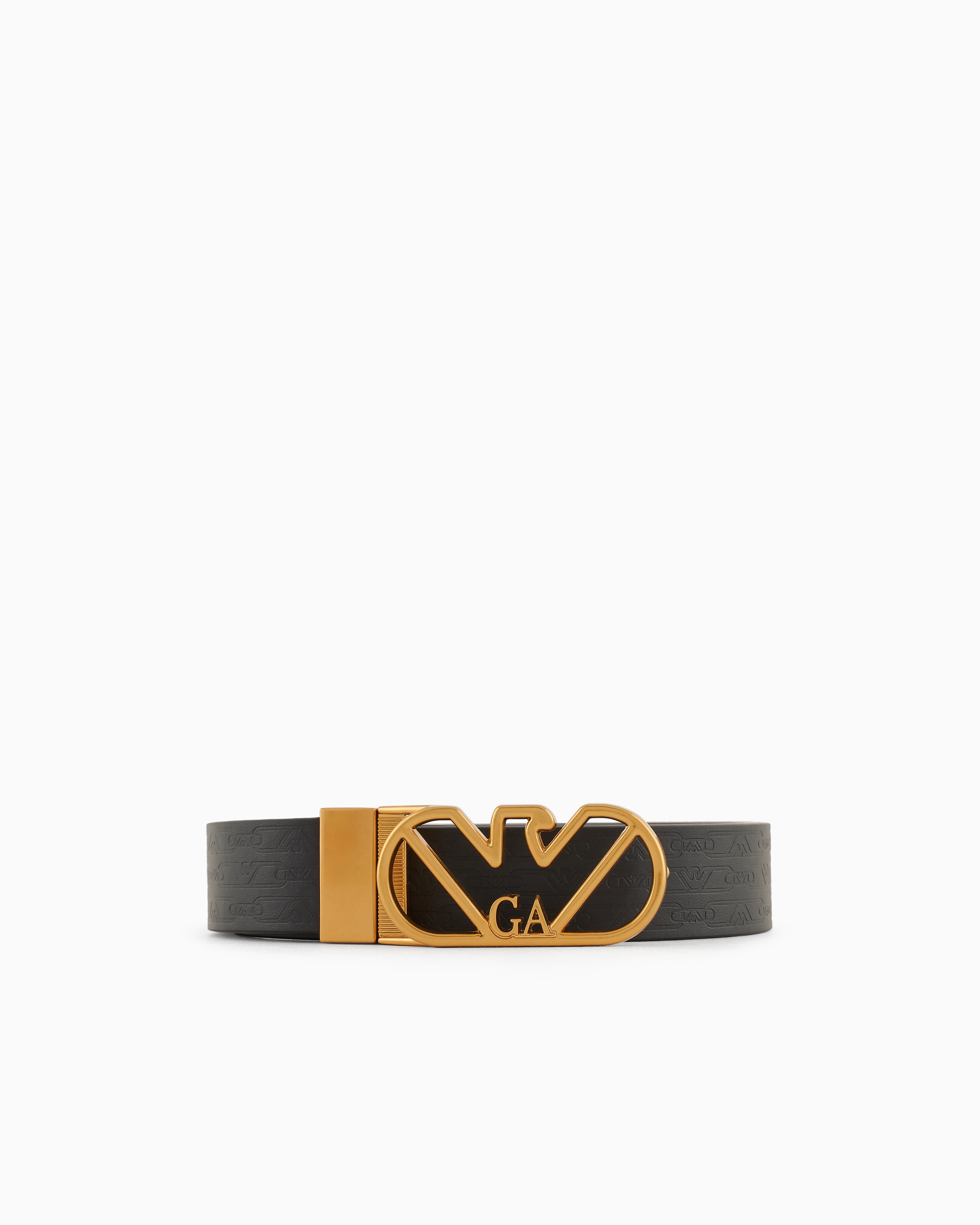 Shop Emporio Armani Reversible Belt In Monogram-print Leather With Eagle Buckle In Black