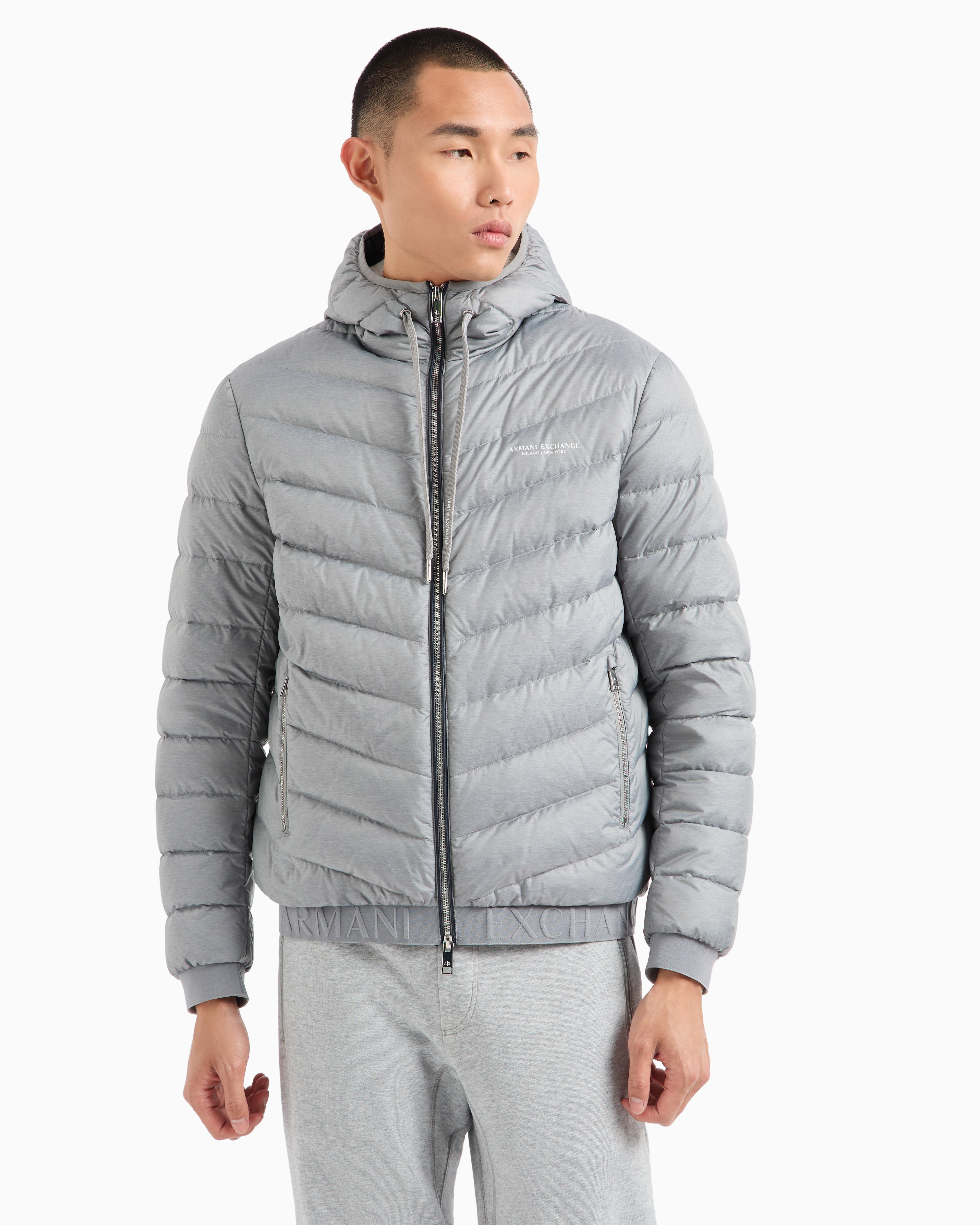 Shop Armani Exchange Full Zip Down Jacket With Hood In Grey