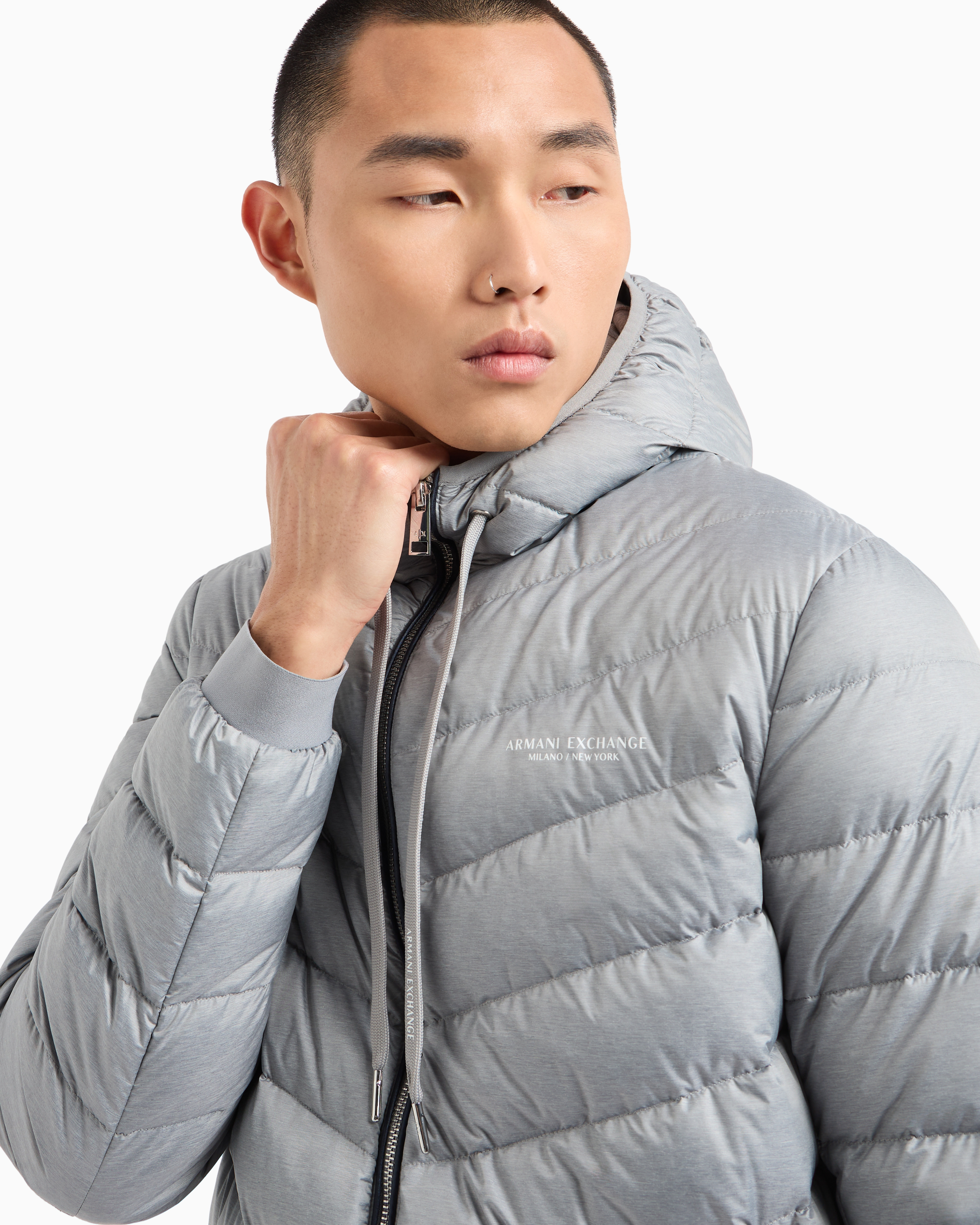 Shop Armani Exchange Full Zip Down Jacket With Hood In Grey