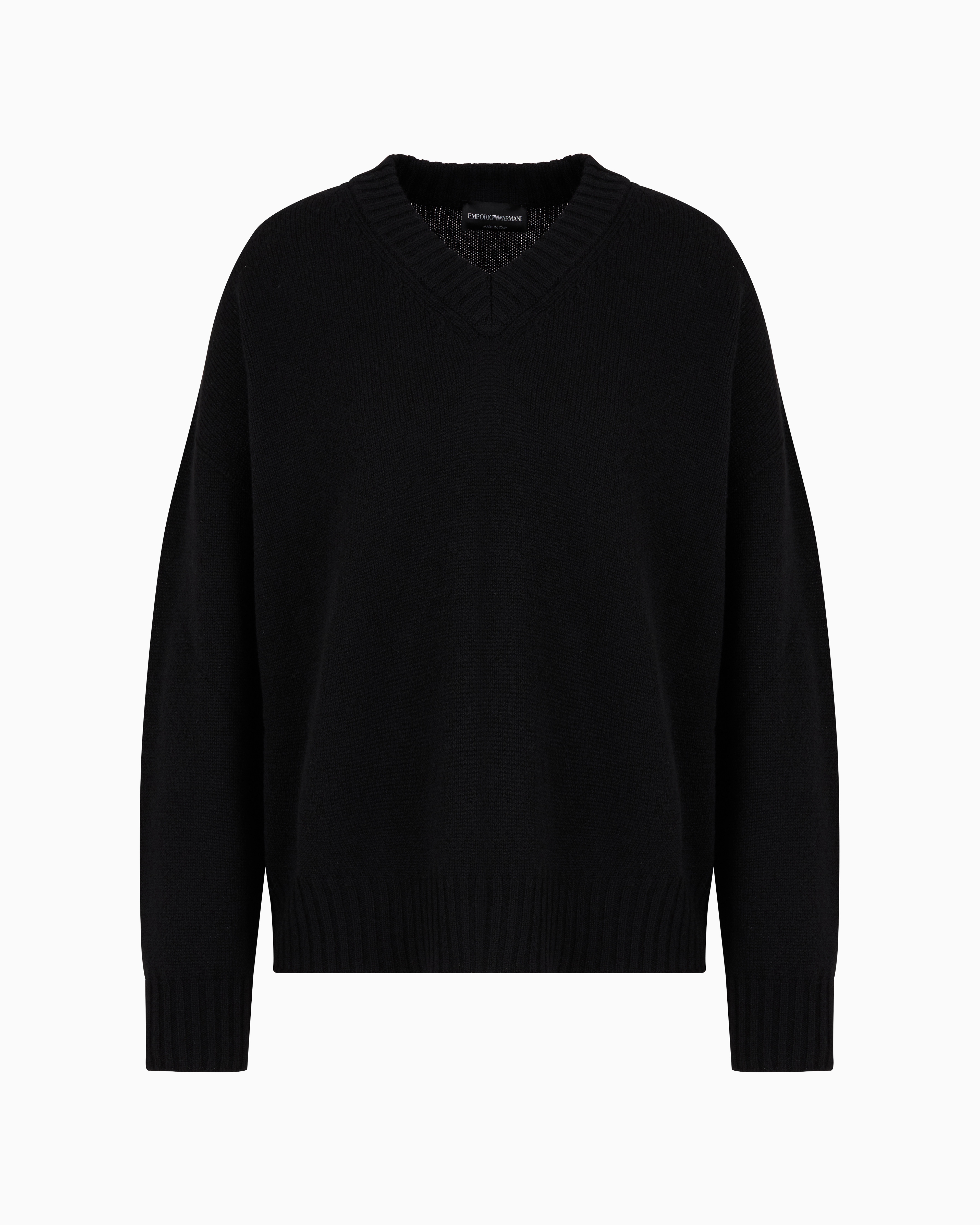 Emporio Armani Official Store Pullover Mit Nahtlosem V-ausschnitt Aus Schurwolle In Glattstrick In Black