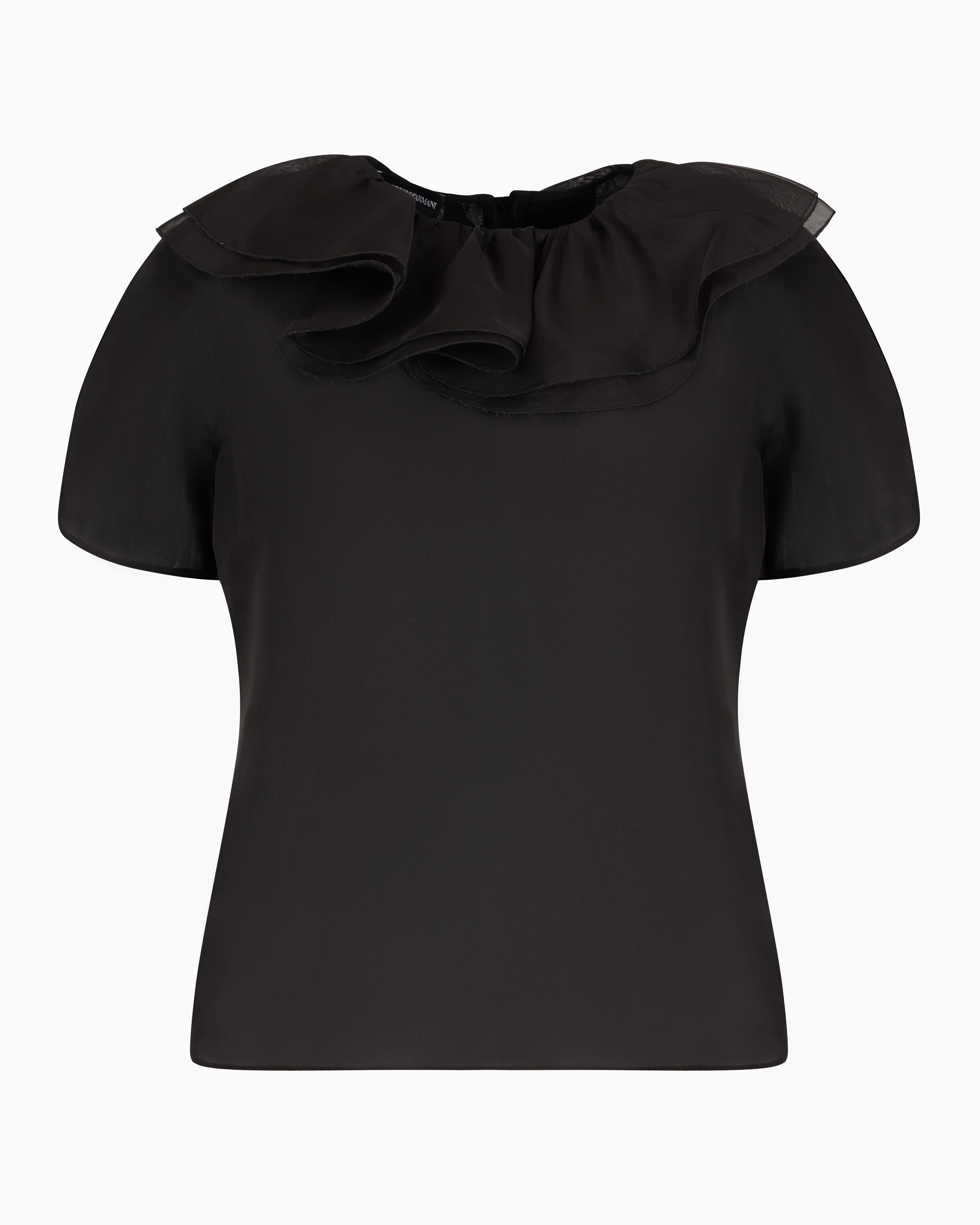 Emporio Armani Official Store Moon Capsule Collection Silk Organza Blouse With Petal Collar And Ruffles In Black