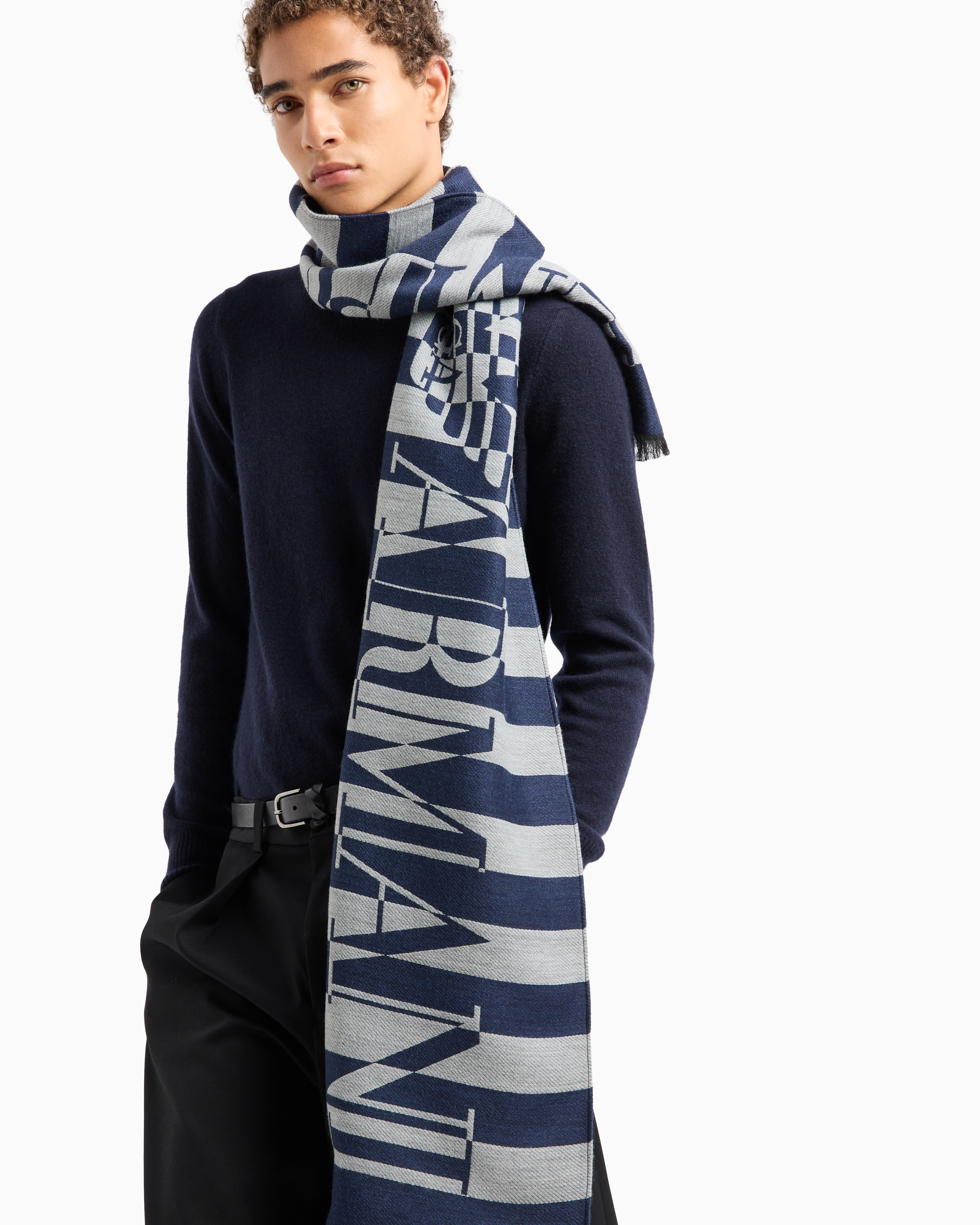 Emporio Armani Official Store Striped Modal-blend Scarf With Oversized Logo In Navy Blue