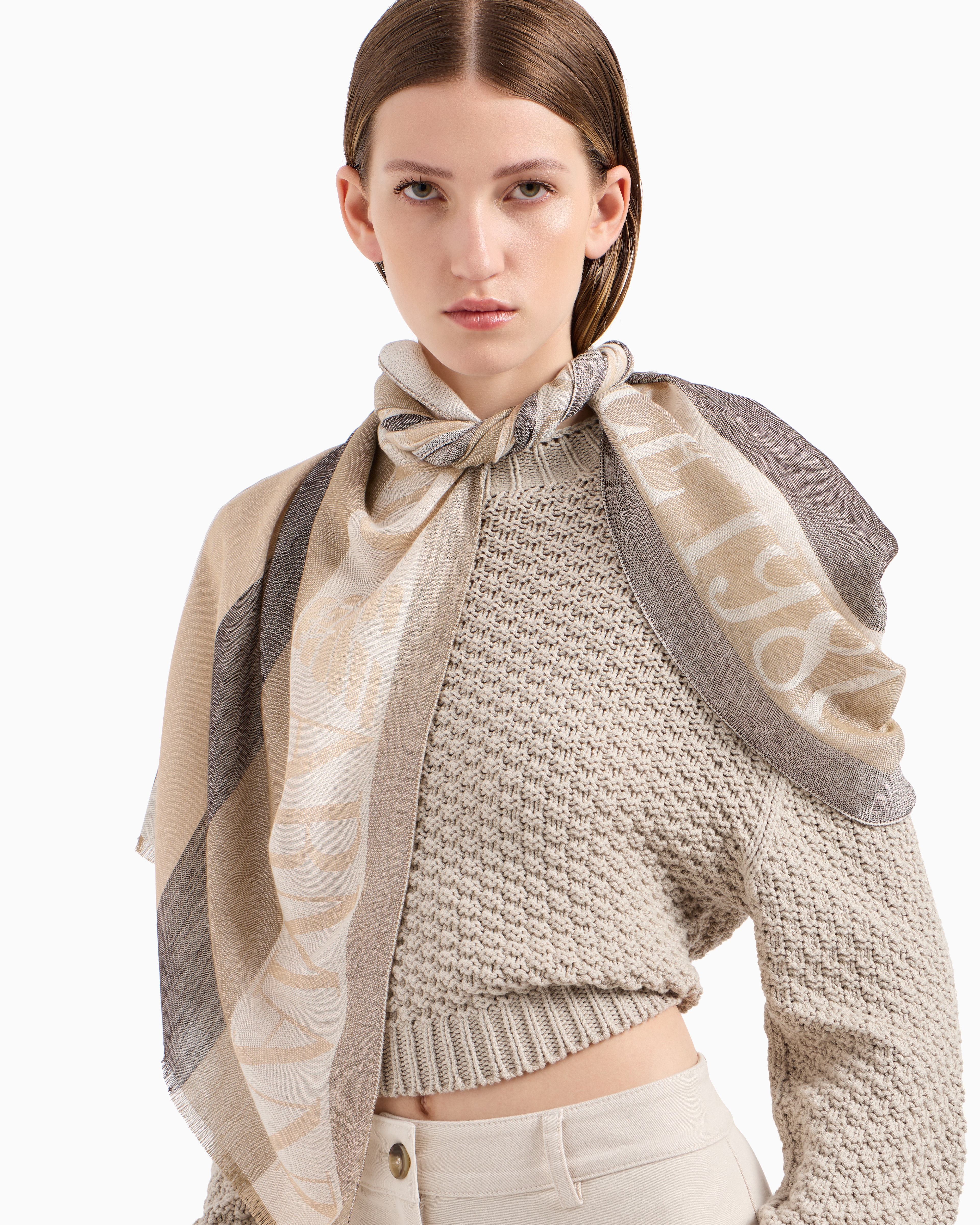 Emporio Armani Official Store Stole With Vertical Pattern And Since 1981 Jacquard Logo In Beige