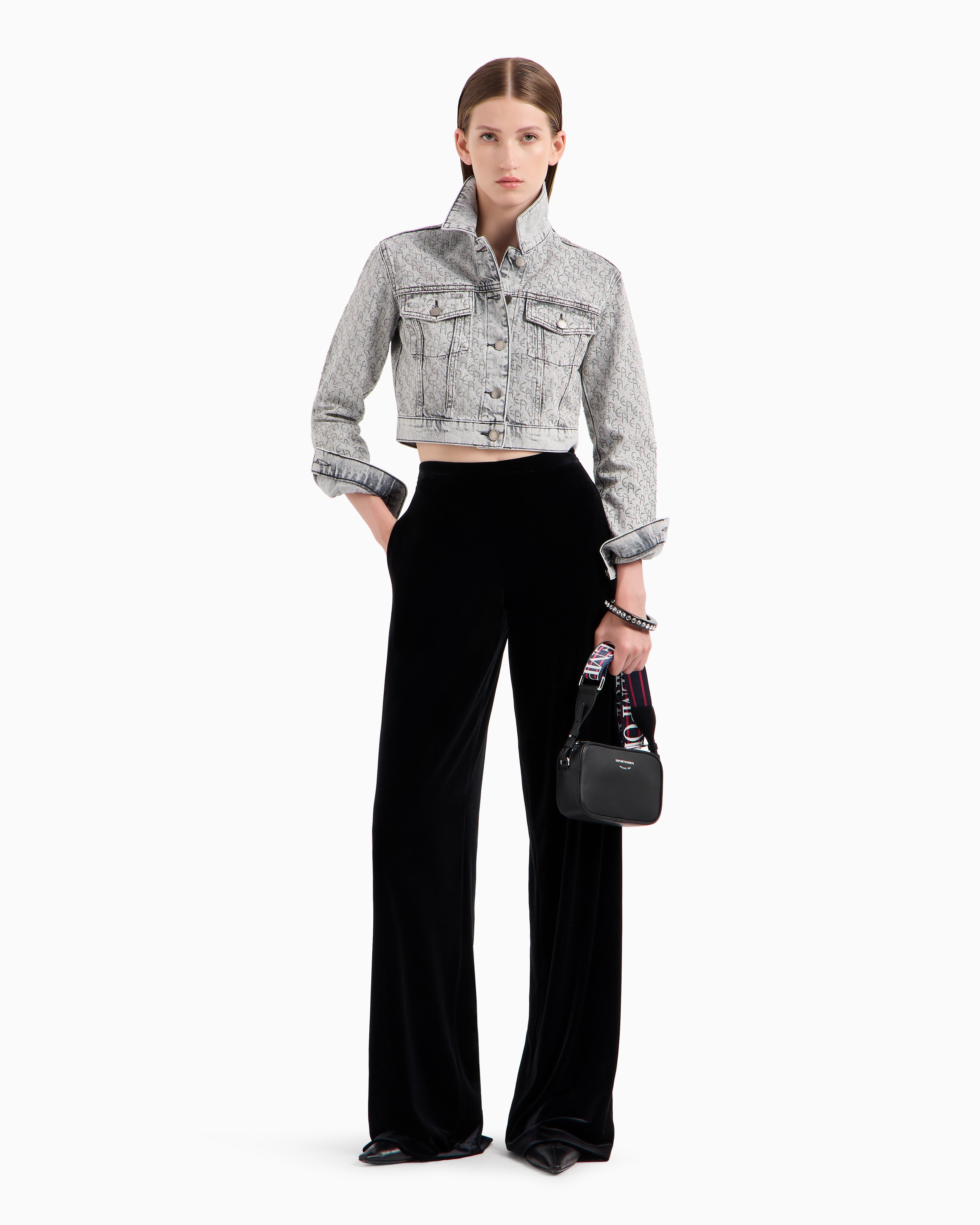 Emporio Armani Cropped 12.5 oz Denim Jacket With All-over Rhinestone Logo In Grey