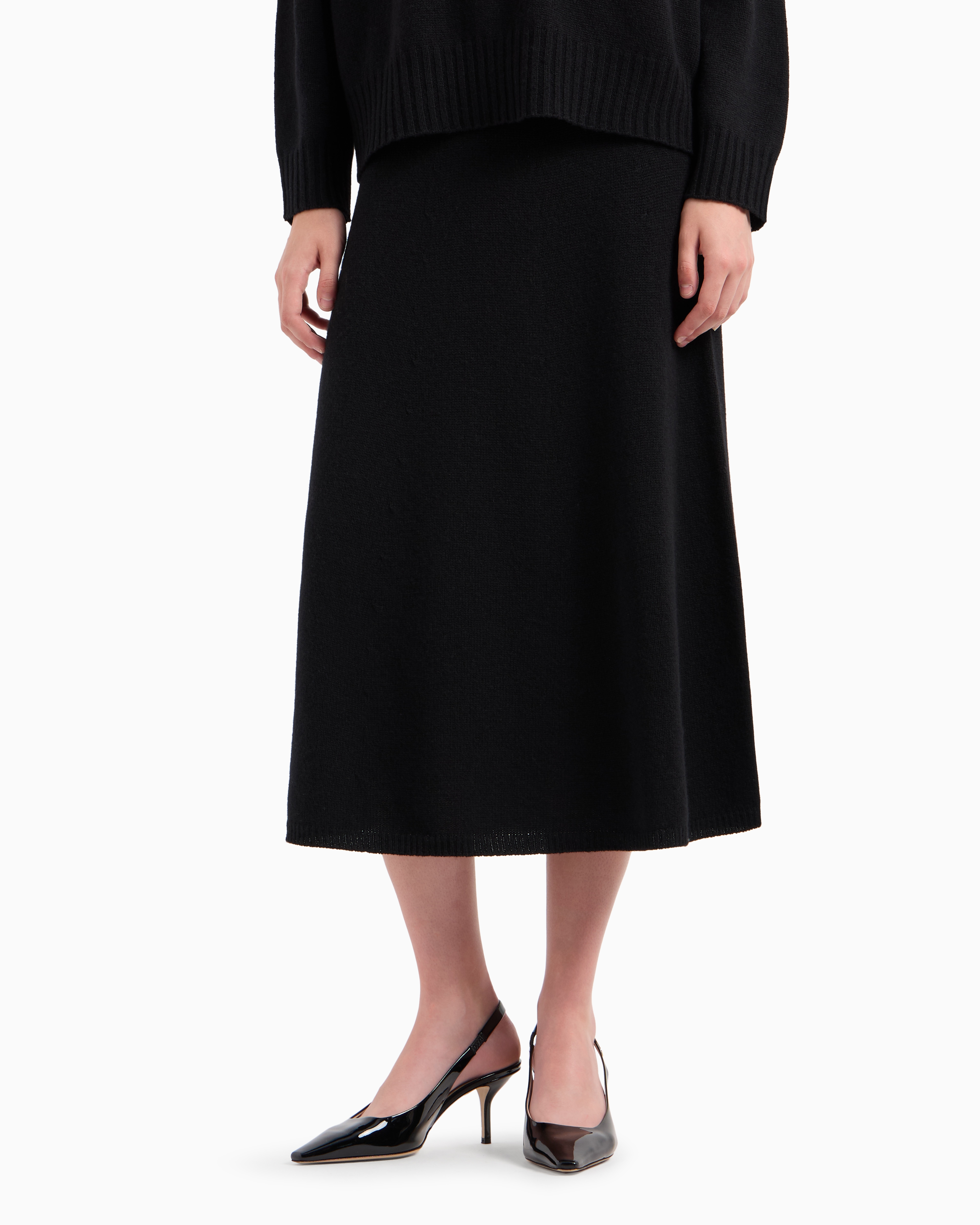 Shop Emporio Armani Seamless Plain Virgin Wool Midi Skirt In Noir