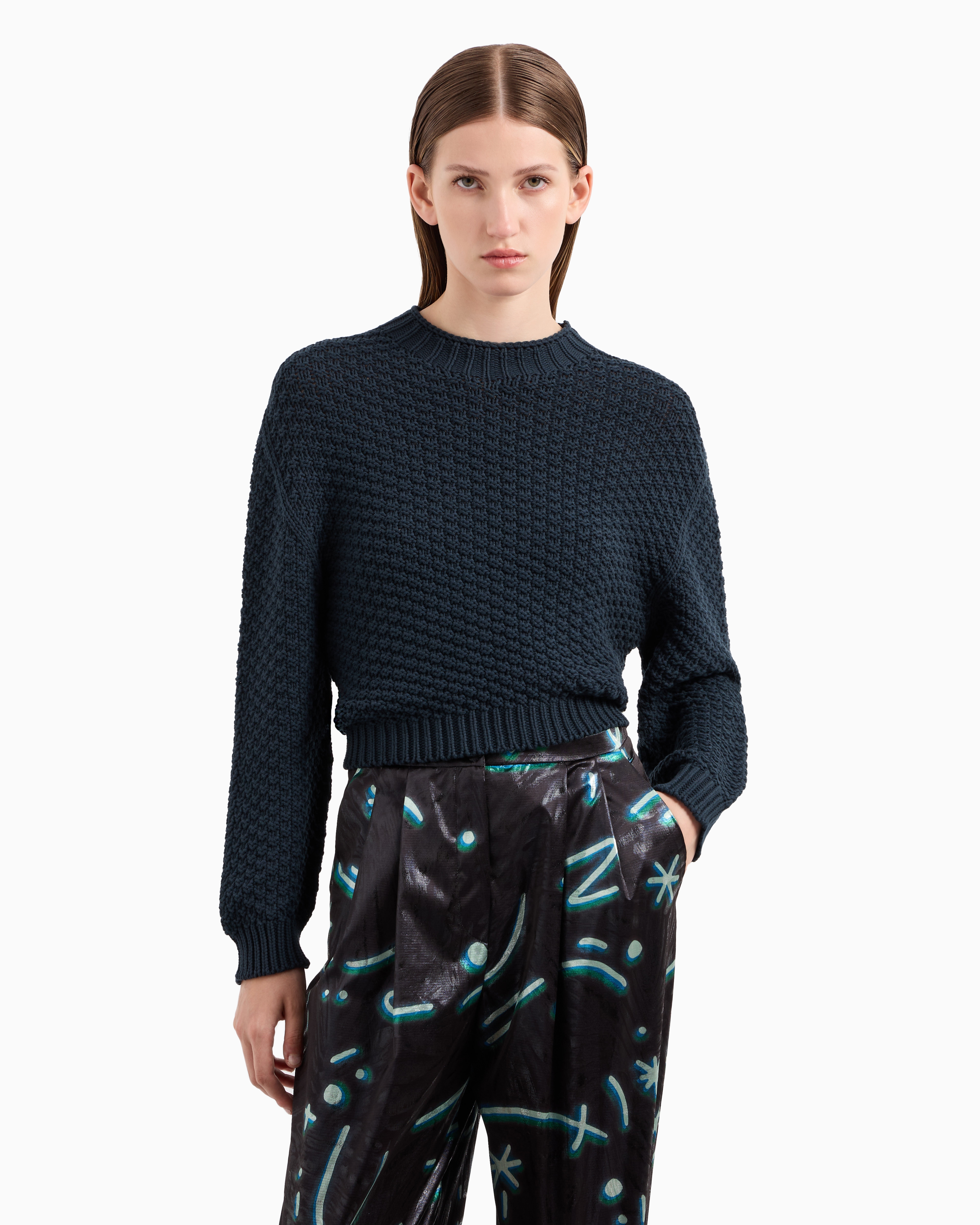 Shop Emporio Armani Seamless Boxy-fit Jumper With Moss-stitch Knit In Navy Blue