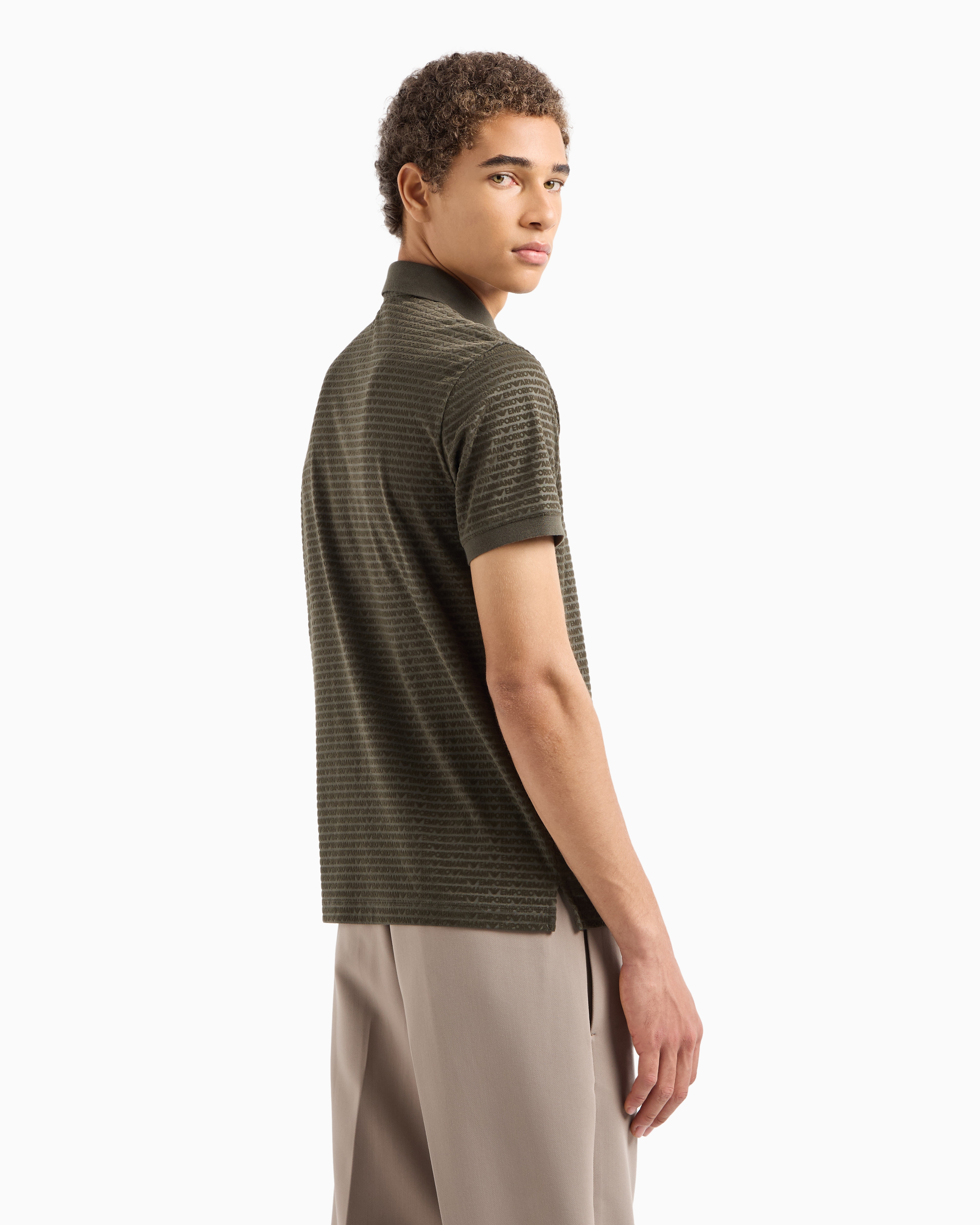 Emporio Armani Official Store Asv Lyocell-blend Jersey Polo Shirt With Flocked Lettering All Over In Military Green