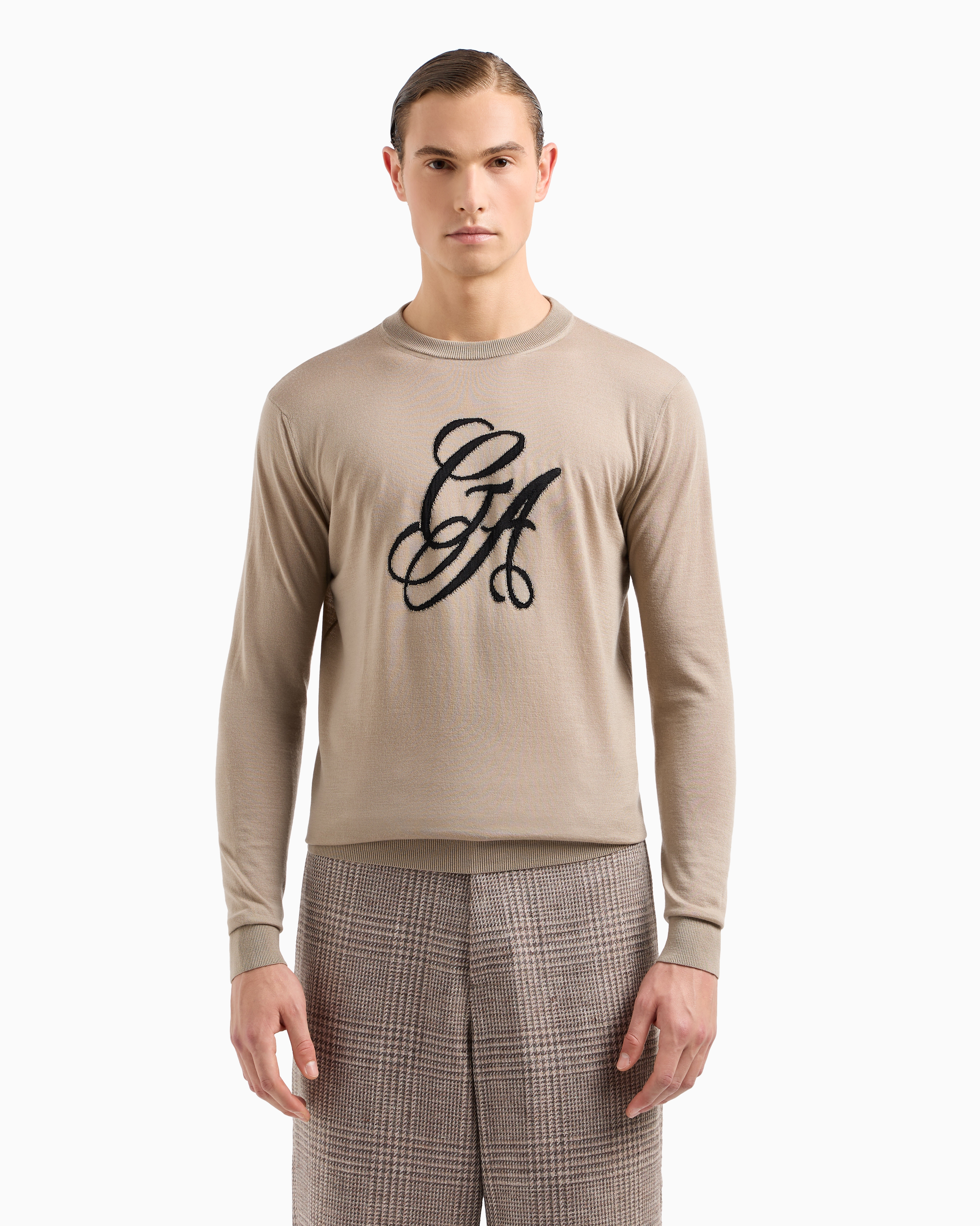 Giorgio Armani Virgin-wool, Crew-neck Jumper With Logo In Beige