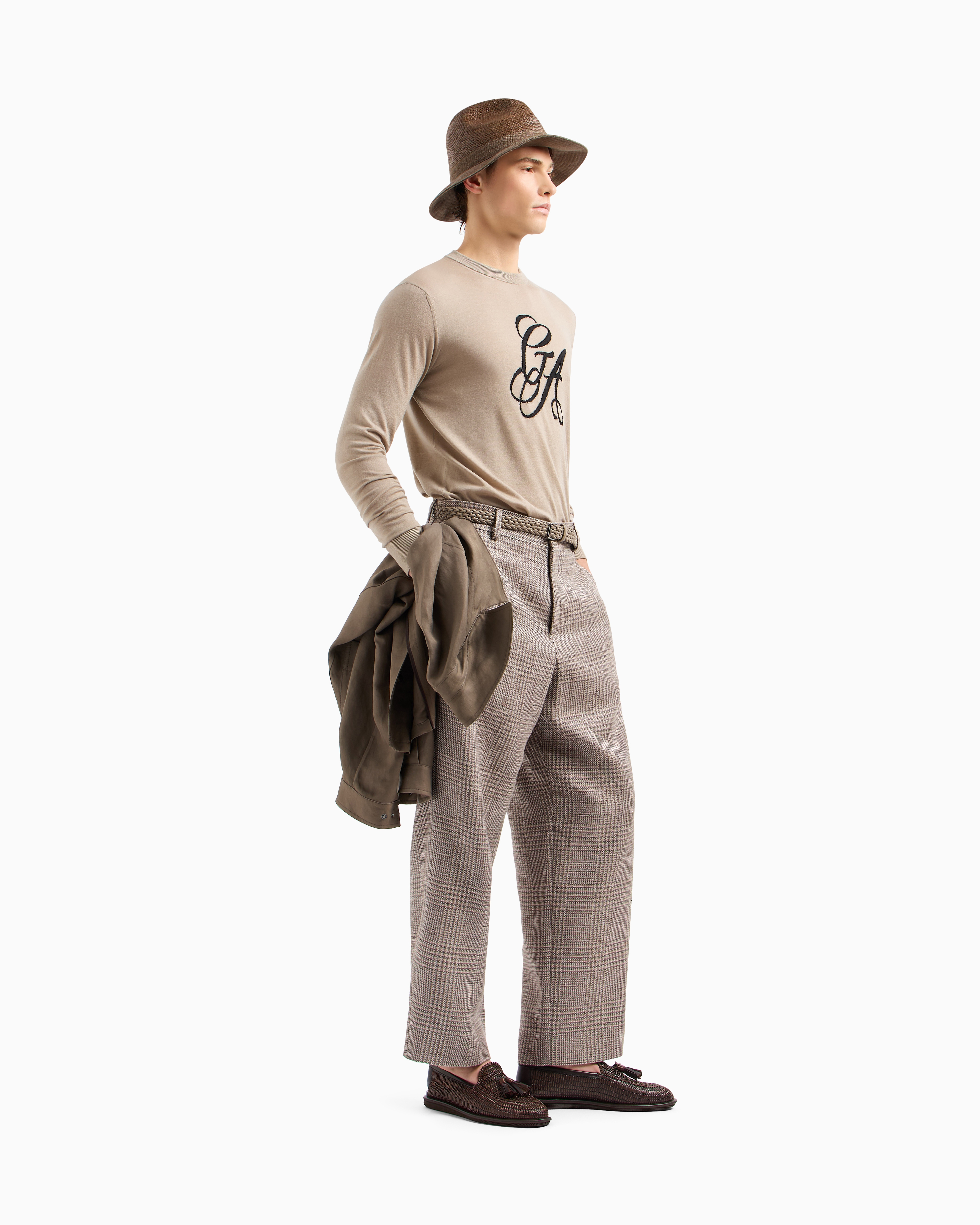 Giorgio Armani Virgin-wool, Crew-neck Jumper With Logo In Beige
