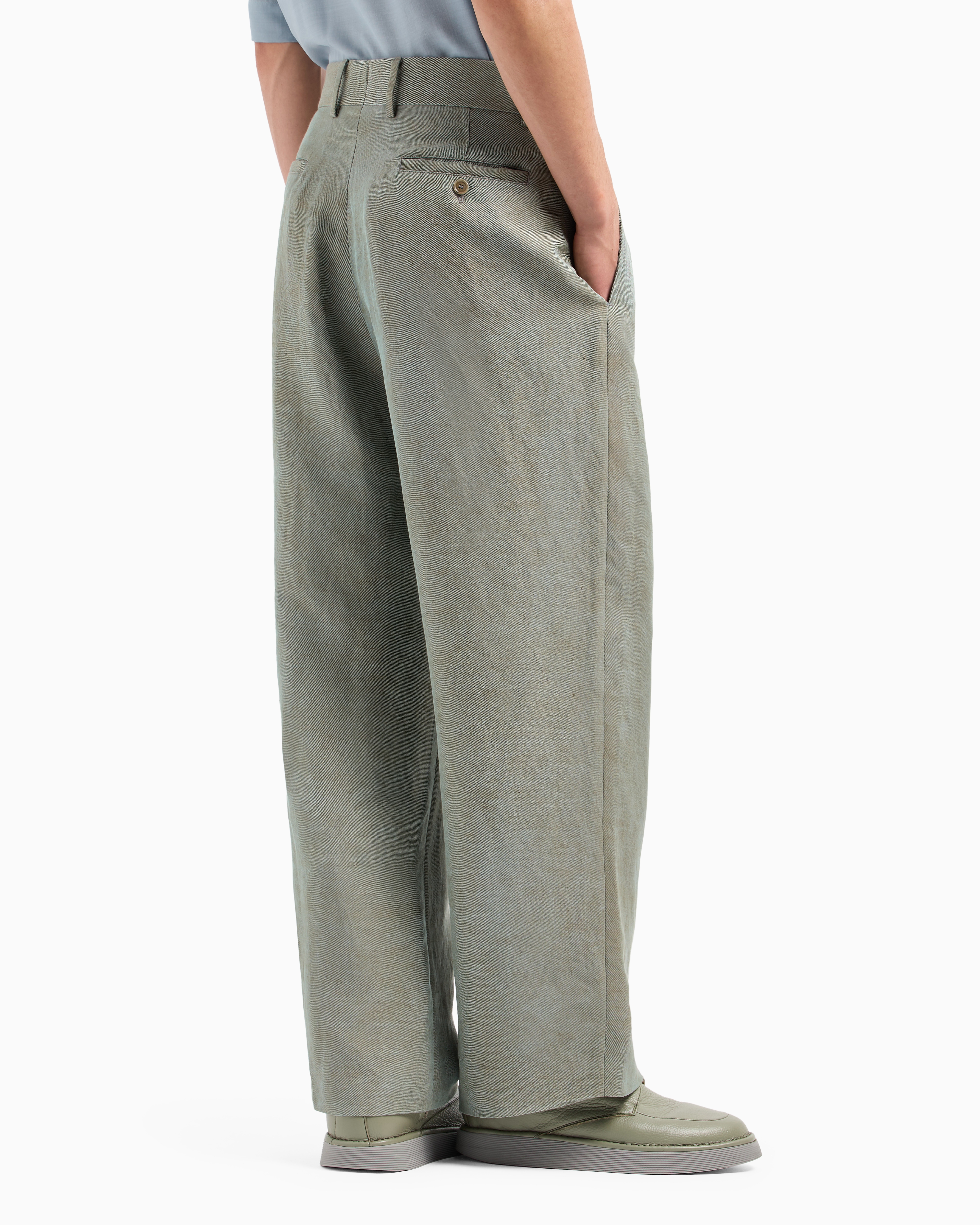 Giorgio Armani Flat-front Trousers In Iridescent Linen Twill In Gray