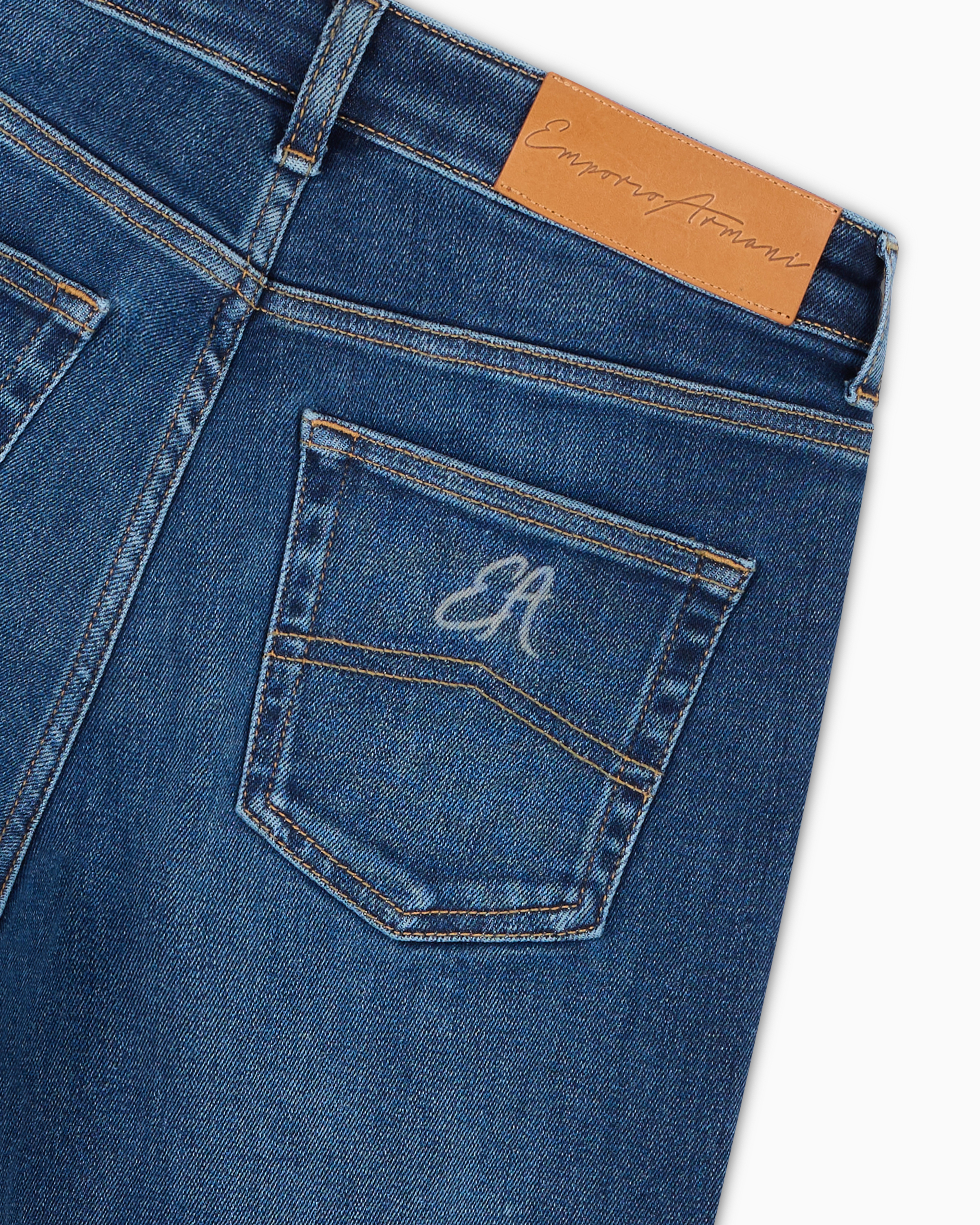 Shop Emporio Armani Asv J85 High-waisted Slim Straight-leg Jeans In A Worn-look Organic Stretch Denim In Bleu Moyen