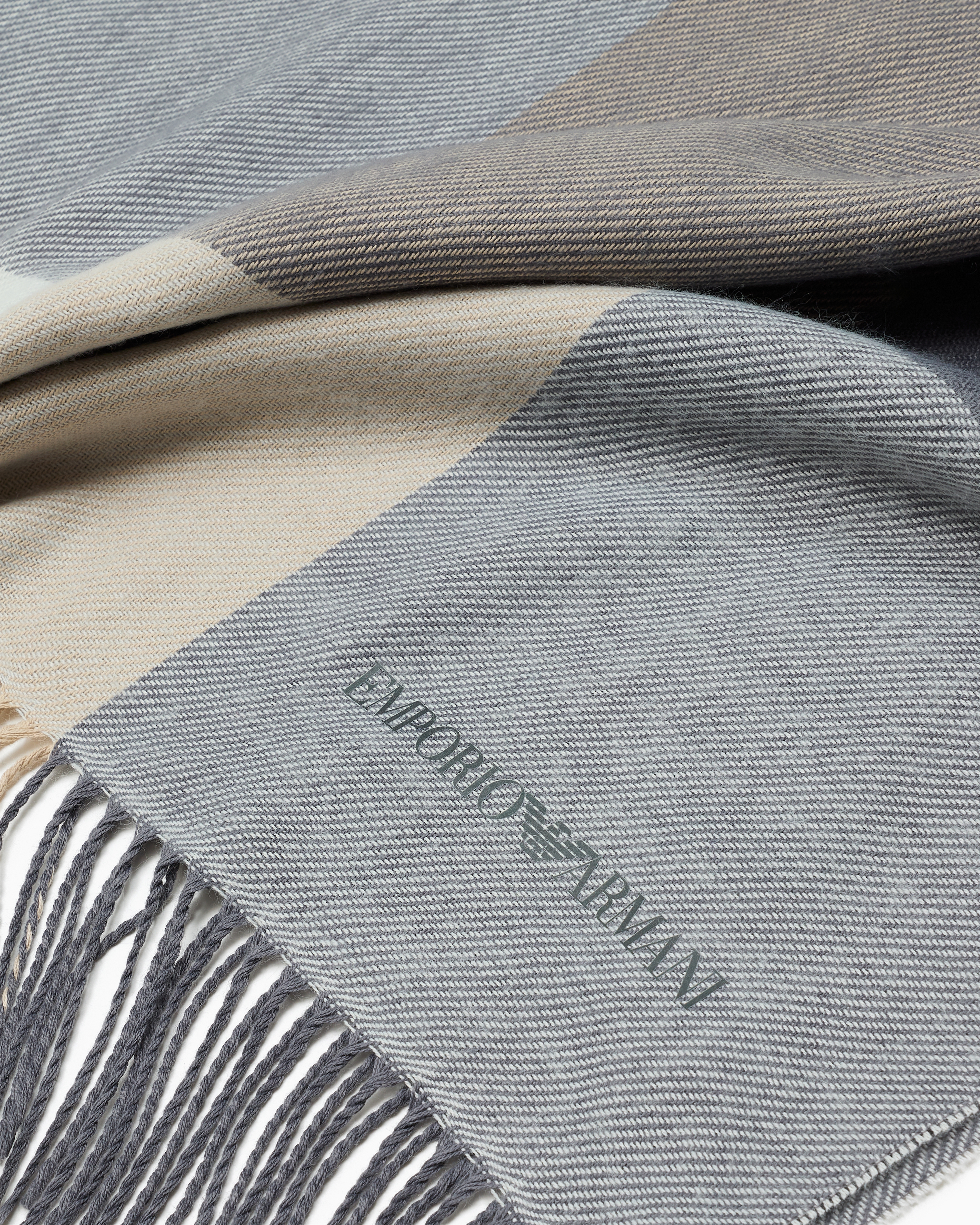 Emporio Armani Official Store Fringed Scarf With Check Motif In Brown