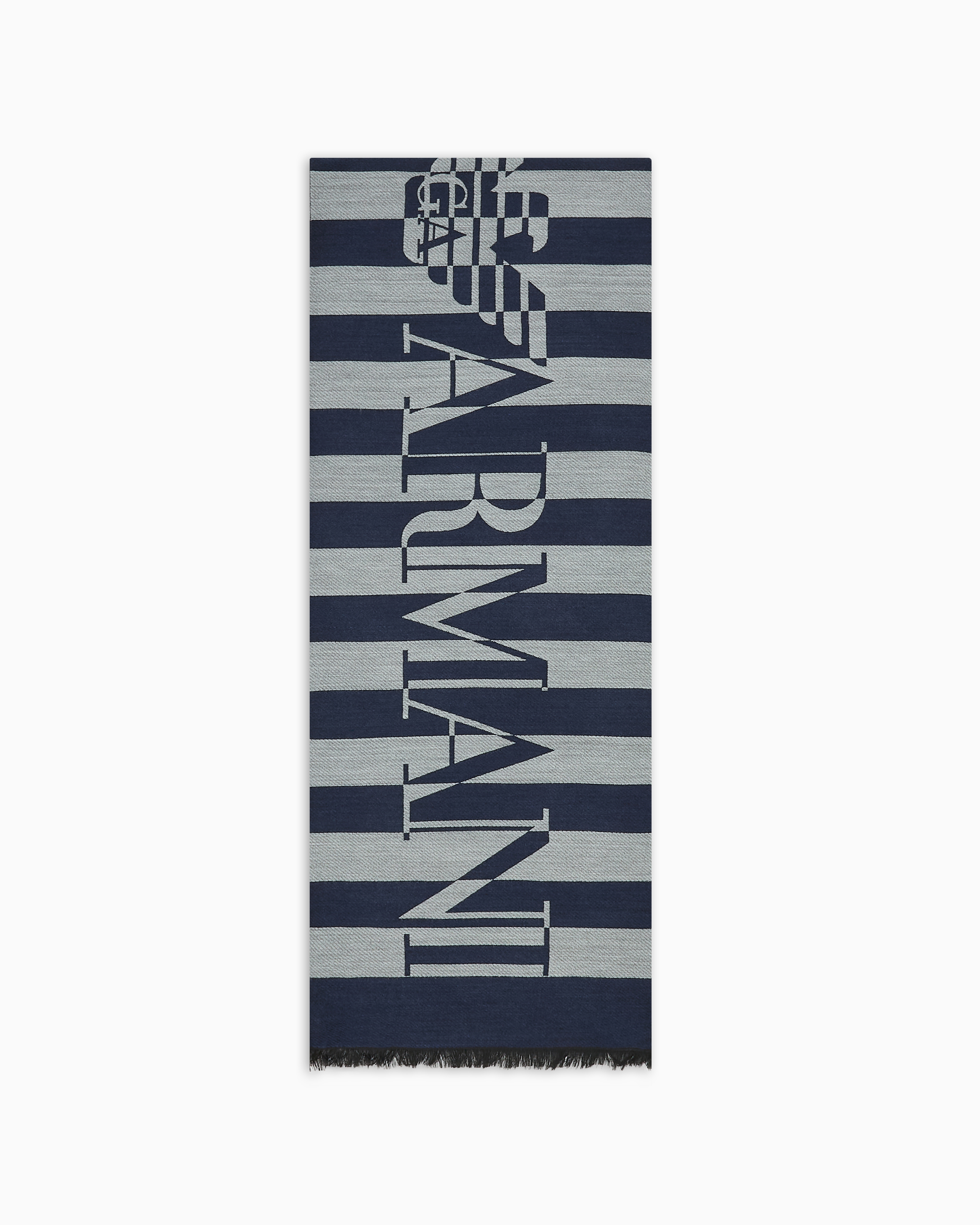 Emporio Armani Official Store Striped Modal-blend Scarf With Oversized Logo In Navy Blue