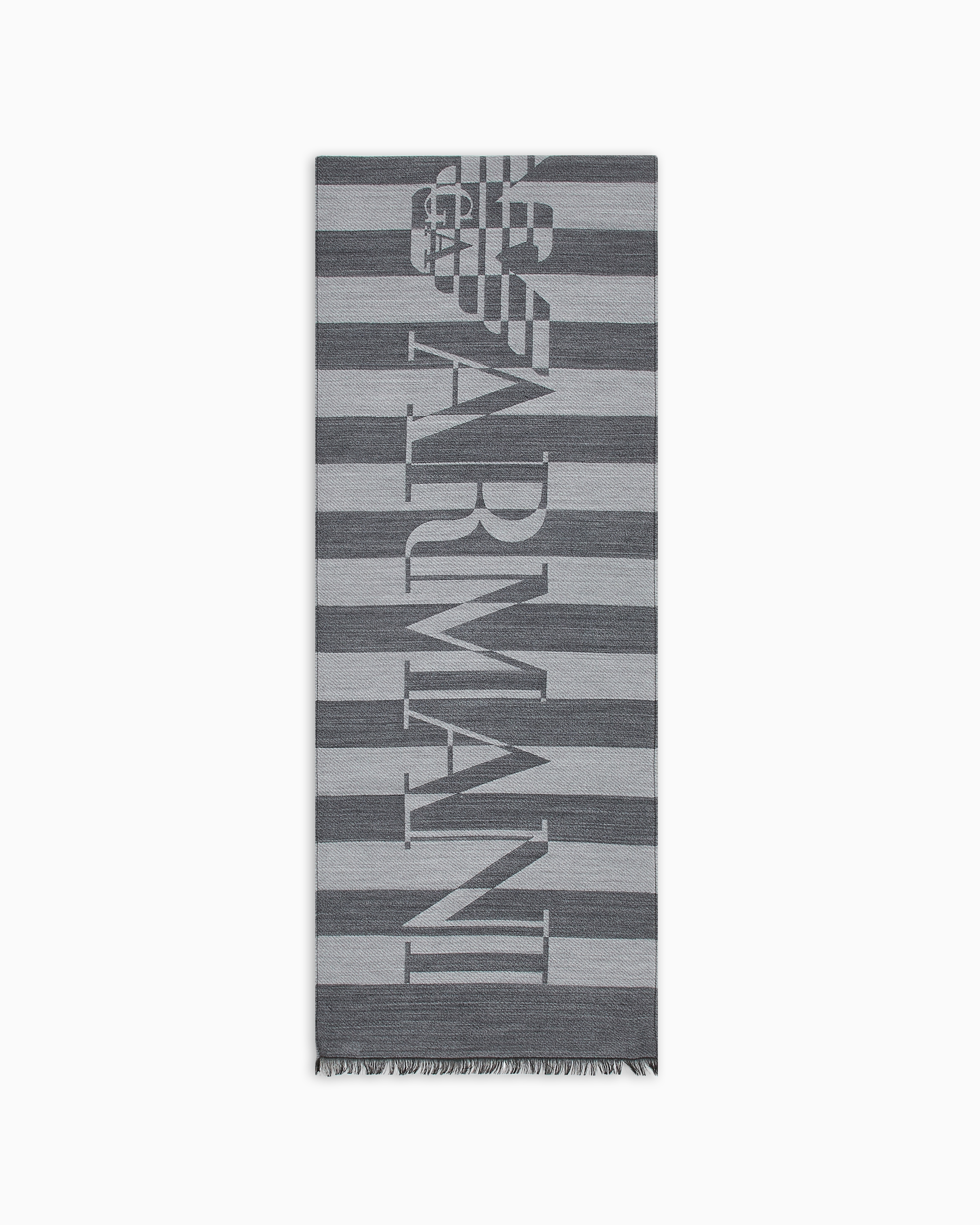 Emporio Armani Official Store Striped Modal-blend Scarf With Oversized Logo In Gray
