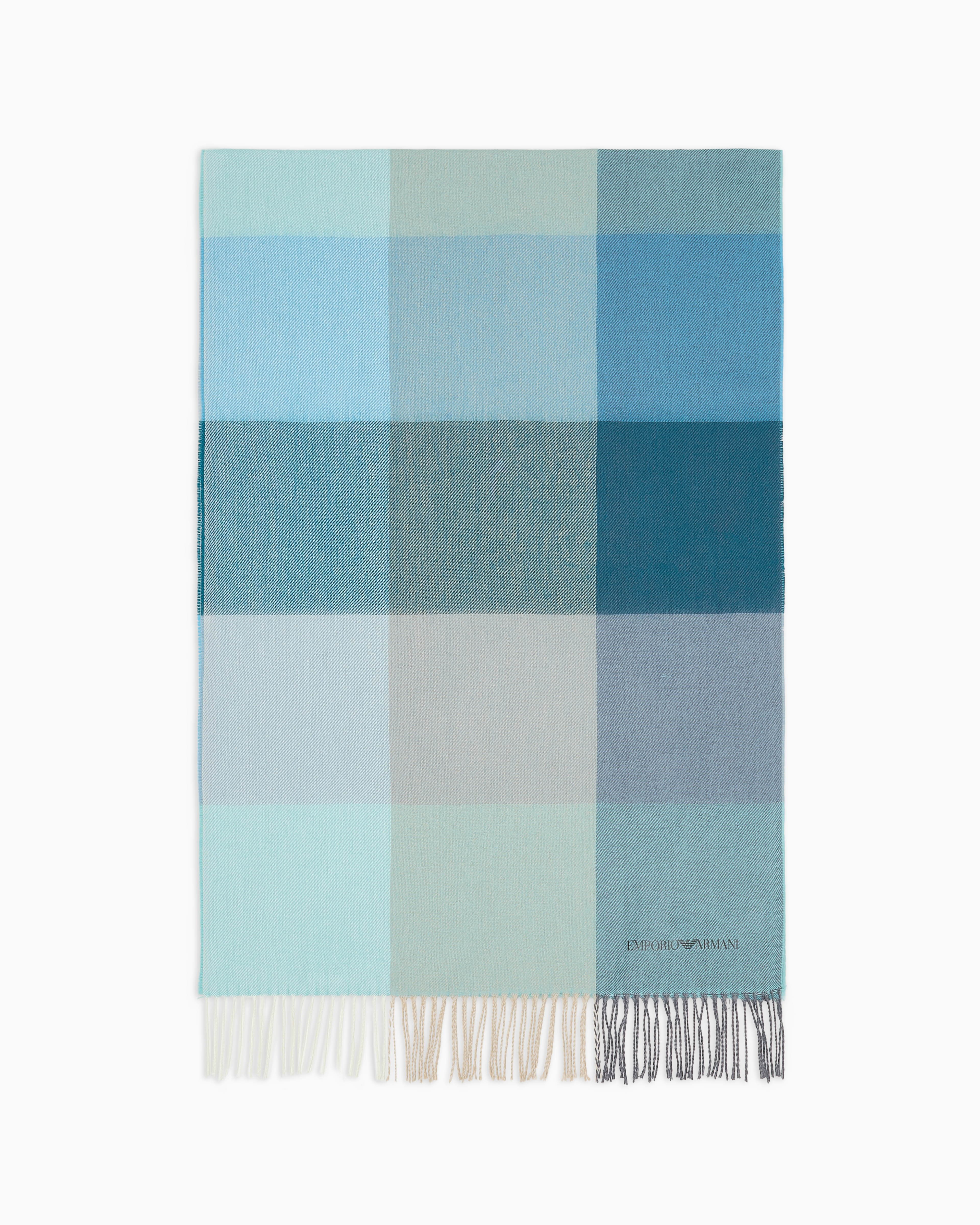 Emporio Armani Fringed Scarf With Check Motif In Blue